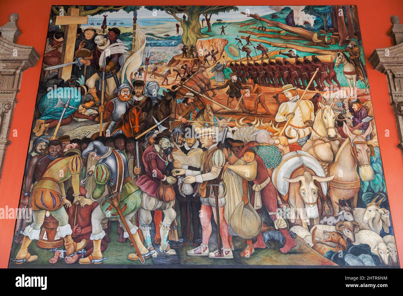 „Ankunft von Hernan Cortes in Veracruz“, von Diego Rivera, 1951, Palacio Nacional de Mexico, Mexiko-Stadt, Mexiko Stockfoto