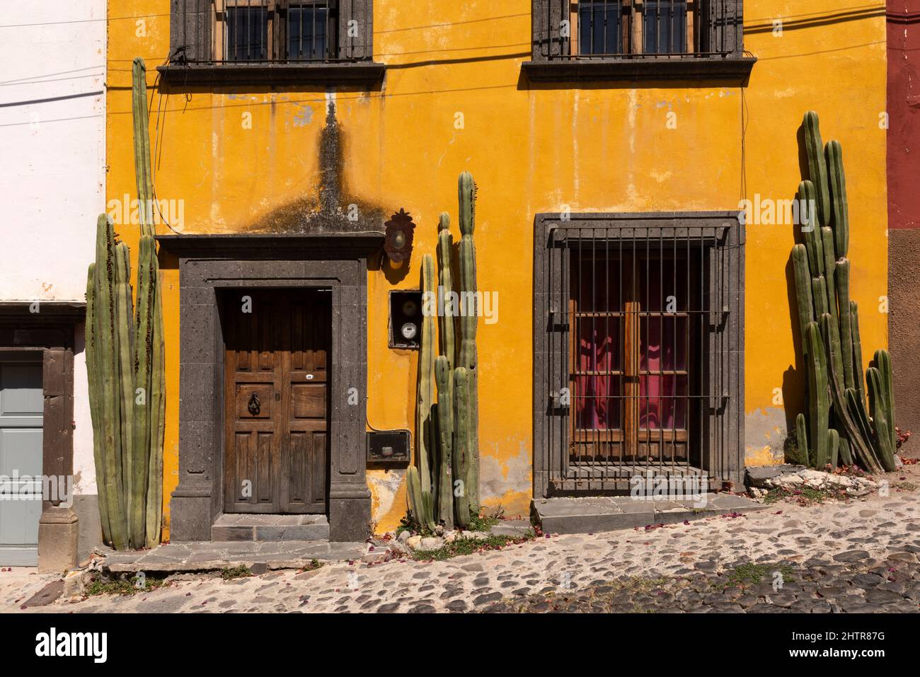 Mexiko, der Staat Guanajuato, San Miguel de Allende, farbenfrohe Gebäude aus der spanischen Kolonialzeit an einer Straße Stockfoto