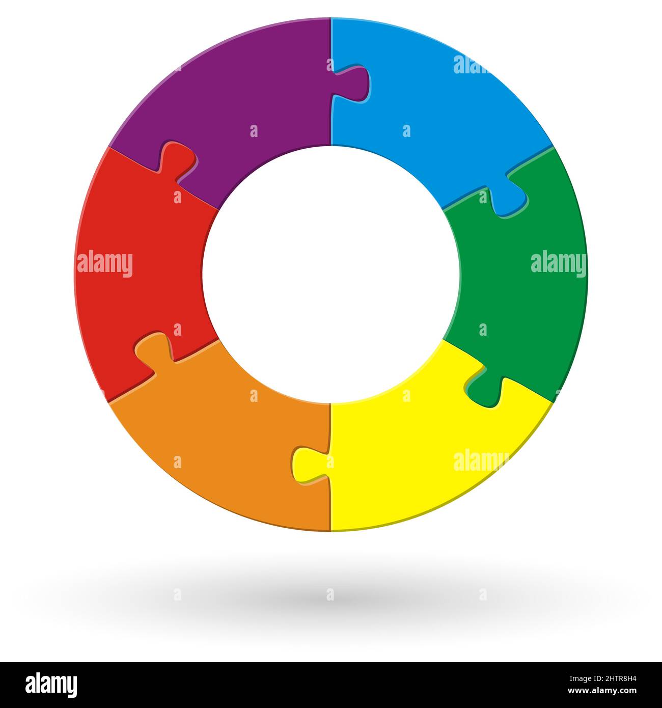 Rundes Puzzle mit sechs Optionen in verschiedenen Farben Stock Vektor
