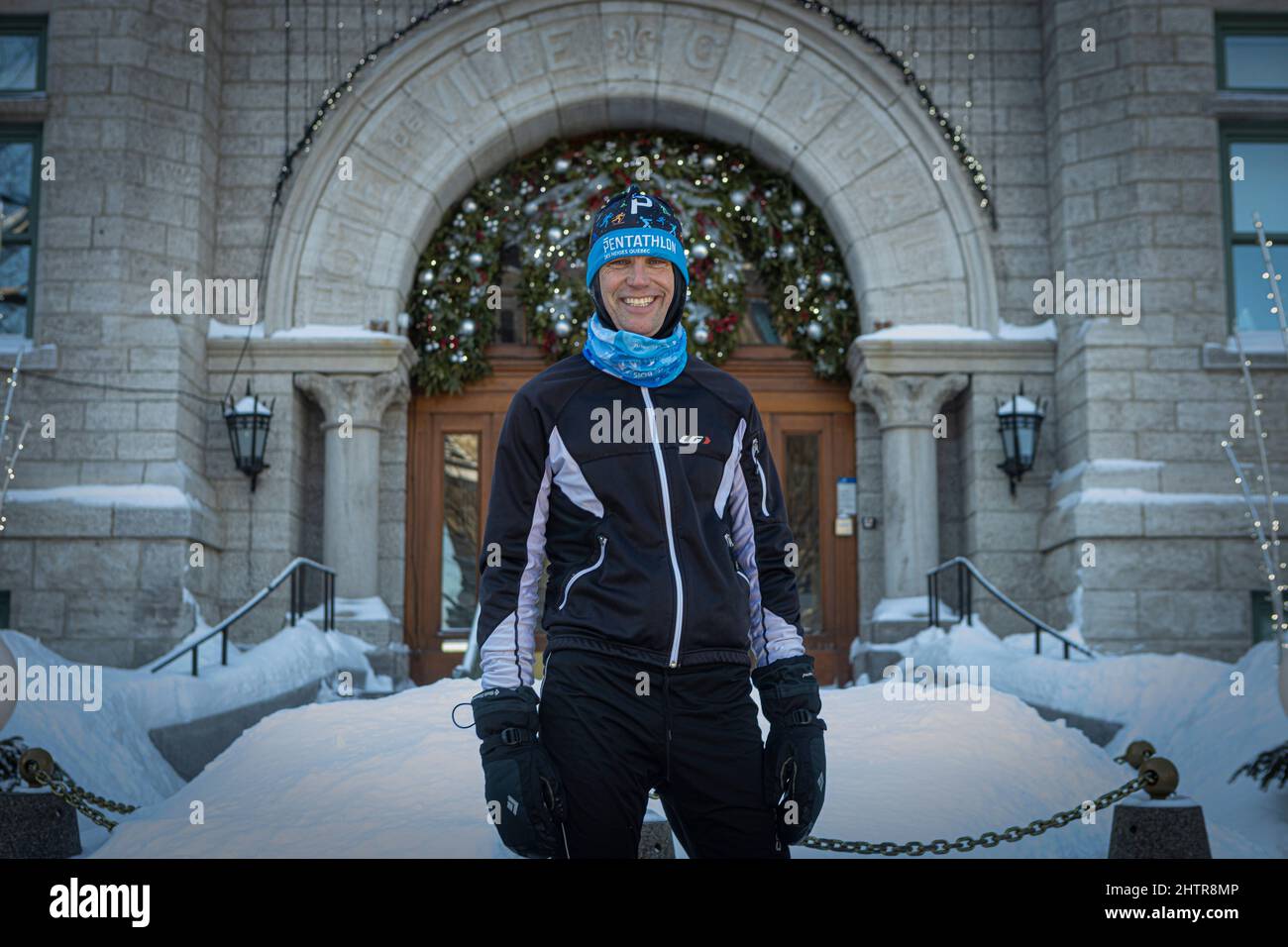 Der Bürgermeister von Quebec, Bruno Marchand, wird nach seinem täglichen Lauf am 21. Januar 2022 vor dem Rathaus abgebildet. Stockfoto