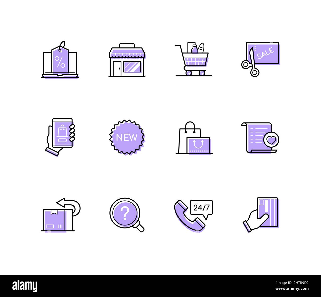 Shopping und Verkauf - Moderne Linie Design Stil Symbole mit editierbaren Strich gesetzt. Rabatte und Schnäppchen. Online-Kauf, Lebensmittelkart, Coupon, Neuheit, wis Stock Vektor