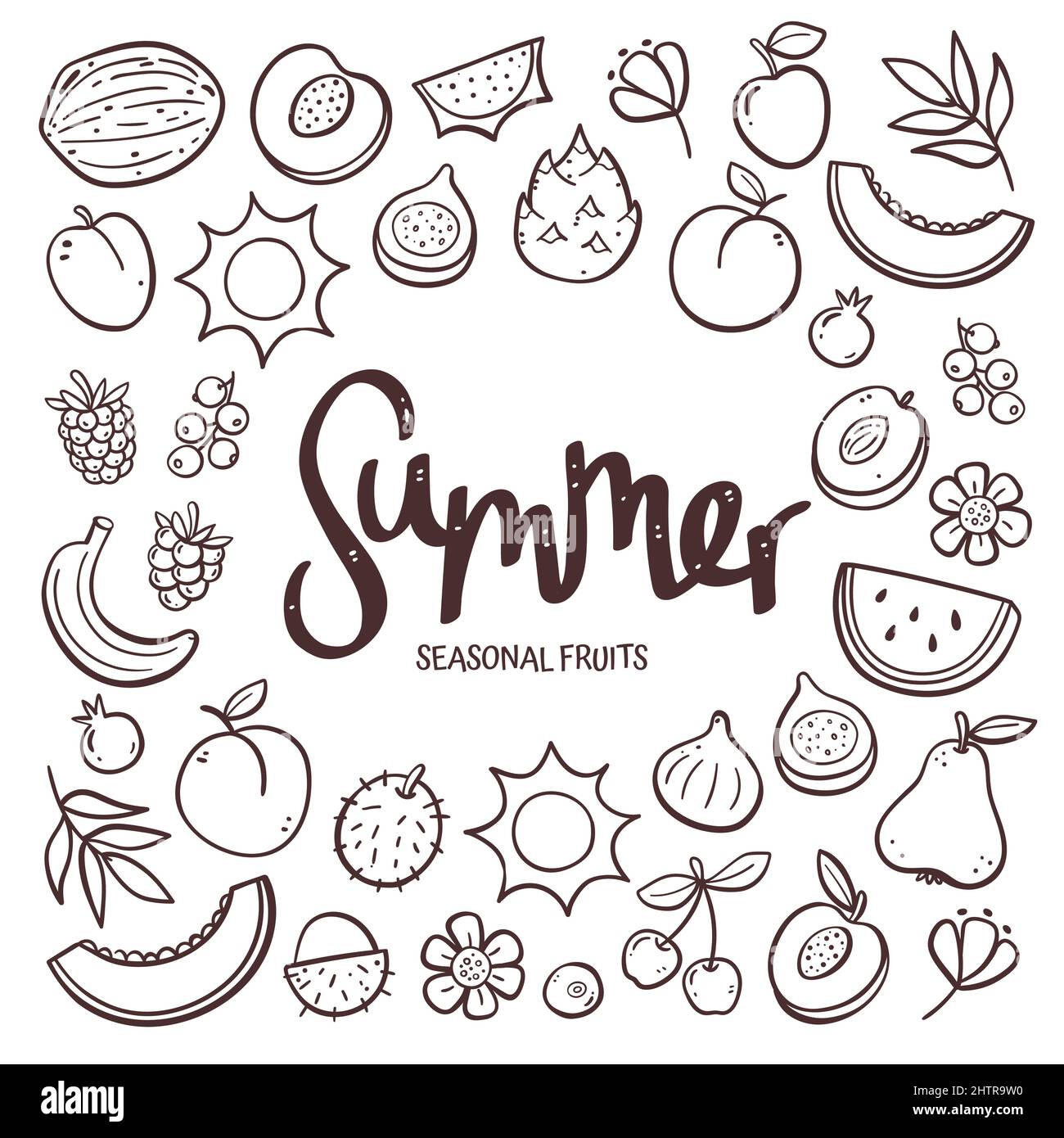 Saisonale Früchte Hintergrund. Handgezeichnete Sommerfrucht-Komposition aus Doodle-Vektor-Icons, isoliert auf weißem Hintergrund. Stock Vektor