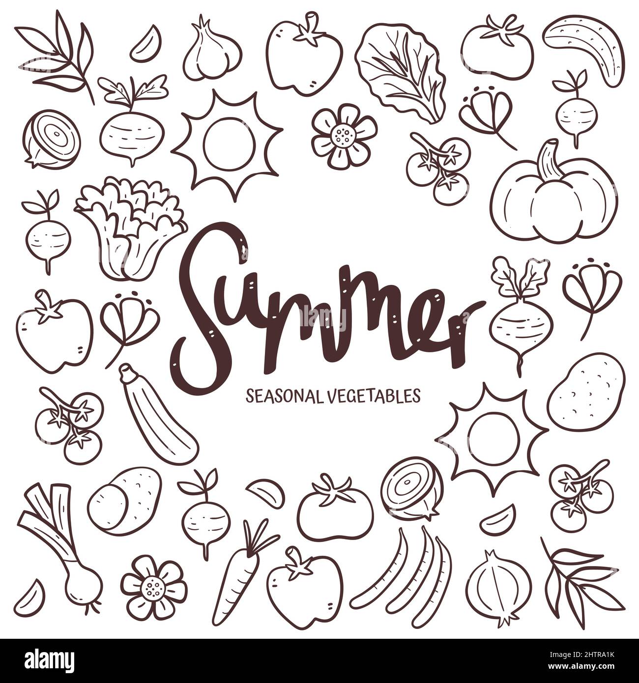 Saisonales Gemüse im Hintergrund. Handgezeichnetes Sommergemüse Komposition aus Doodle Vektor-Icons, isoliert auf weißem Hintergrund. Stock Vektor