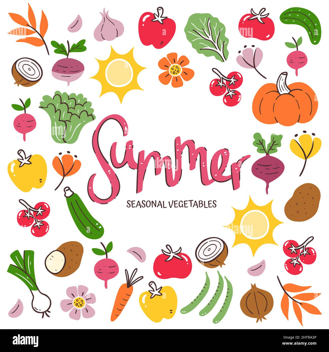 Saisonales Gemüse im Hintergrund. Sommergemüse Komposition aus bunten handgezeichneten Vektor-Icons, isoliert auf weißem Hintergrund. Stock Vektor
