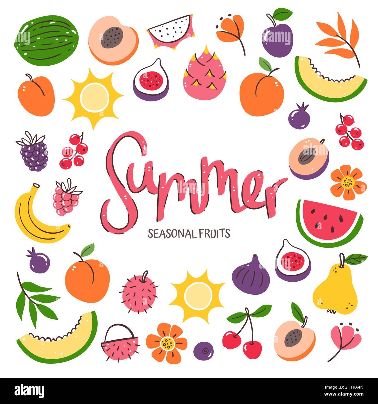 Saisonale Früchte Hintergrund. Sommerliche Fruchtkomposition aus bunten, handgezeichneten Vektor-Icons, isoliert auf weißem Hintergrund. Stock Vektor