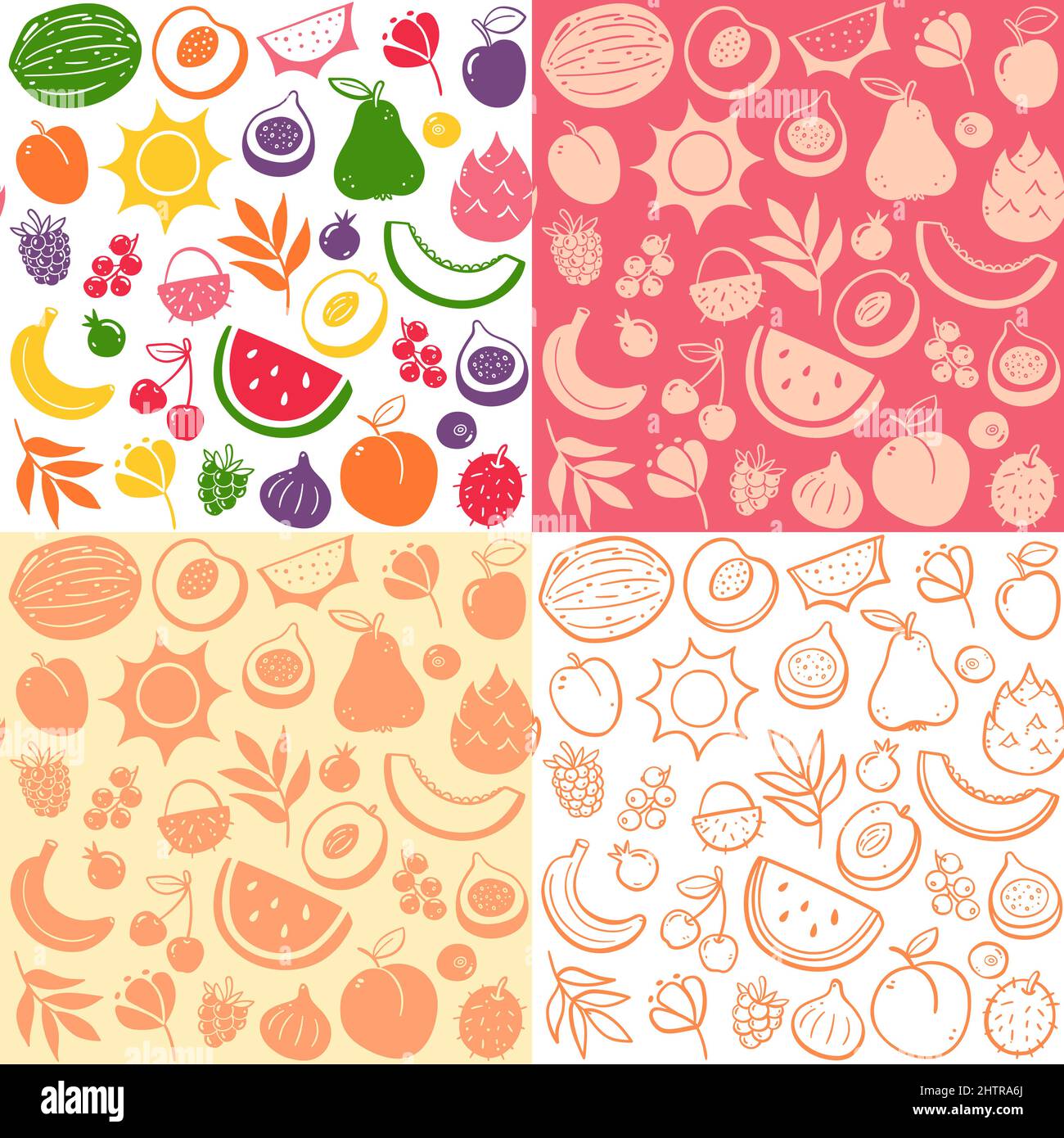 Farbenfrohe Früchte der Saison im nahtlosen Muster. Isolierte Früchte auf weißem Hintergrund. Farbenfrohe, flache Silhouette und Doodle-Style. Vektorgrafik Stock Vektor