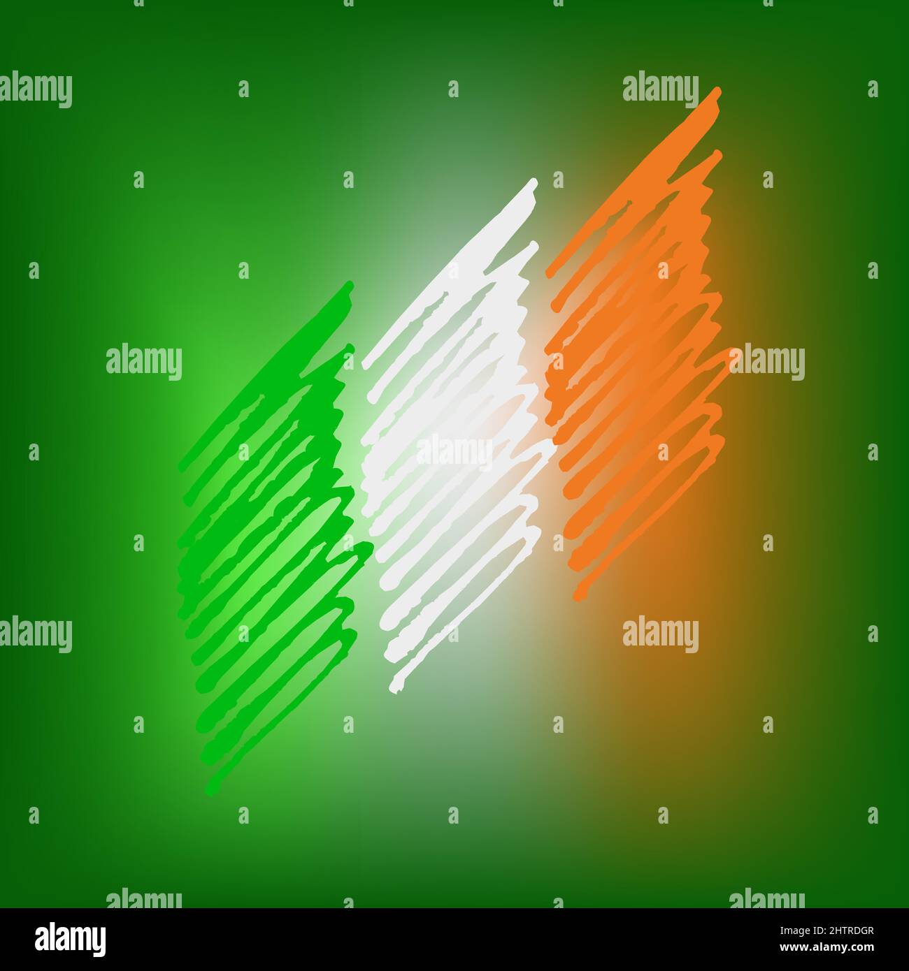 Irische dreifarbige Fahne, farbige Markierungsskizze, Neon auf grünem Hintergrund. Copyspace. Flagge von Irland Vektor-Design-Element Stock Vektor