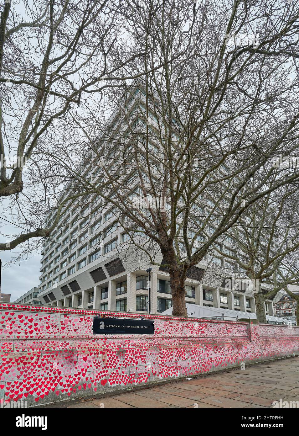 Die National Covid Gedenkmauer vor dem St. Thomas' NHS Hospital, am Ufer der Themse, London, England. Stockfoto