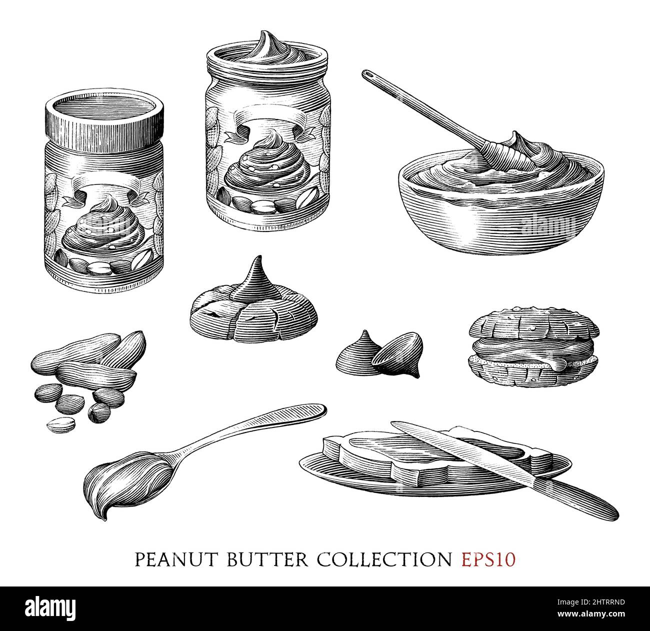 Erdnussbutter Kollektion Handzeichnung Vintage Gravur Illustration Stock Vektor