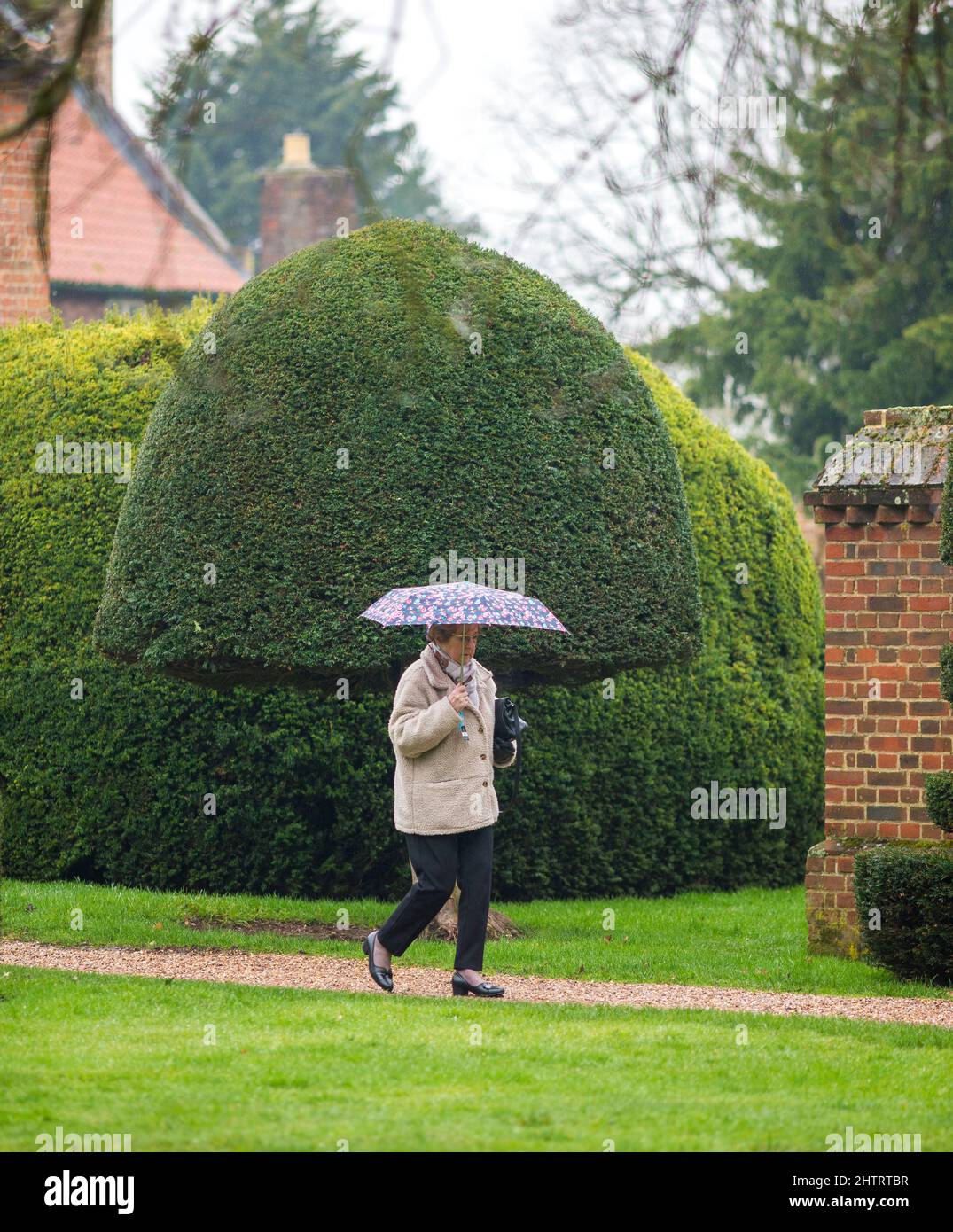 Doddington Hall, Lincoln, Lincolnshire, Großbritannien. 2. März 2022. Wetter in Großbritannien. Ein nasser Tag auf dem Frühlingszwiebelfest in der Doddington Hall. Die Frühlingszwiebeln-Parade wurde im Jahr 1950s gestartet. Es ist ein elisabethisches Herrenhaus mit flämischen Wandteppichen und ummauerten Gärten sowie einem Restaurant, Café und Shop. Kredit: Windmill Images/Alamy Live Nachrichten Stockfoto