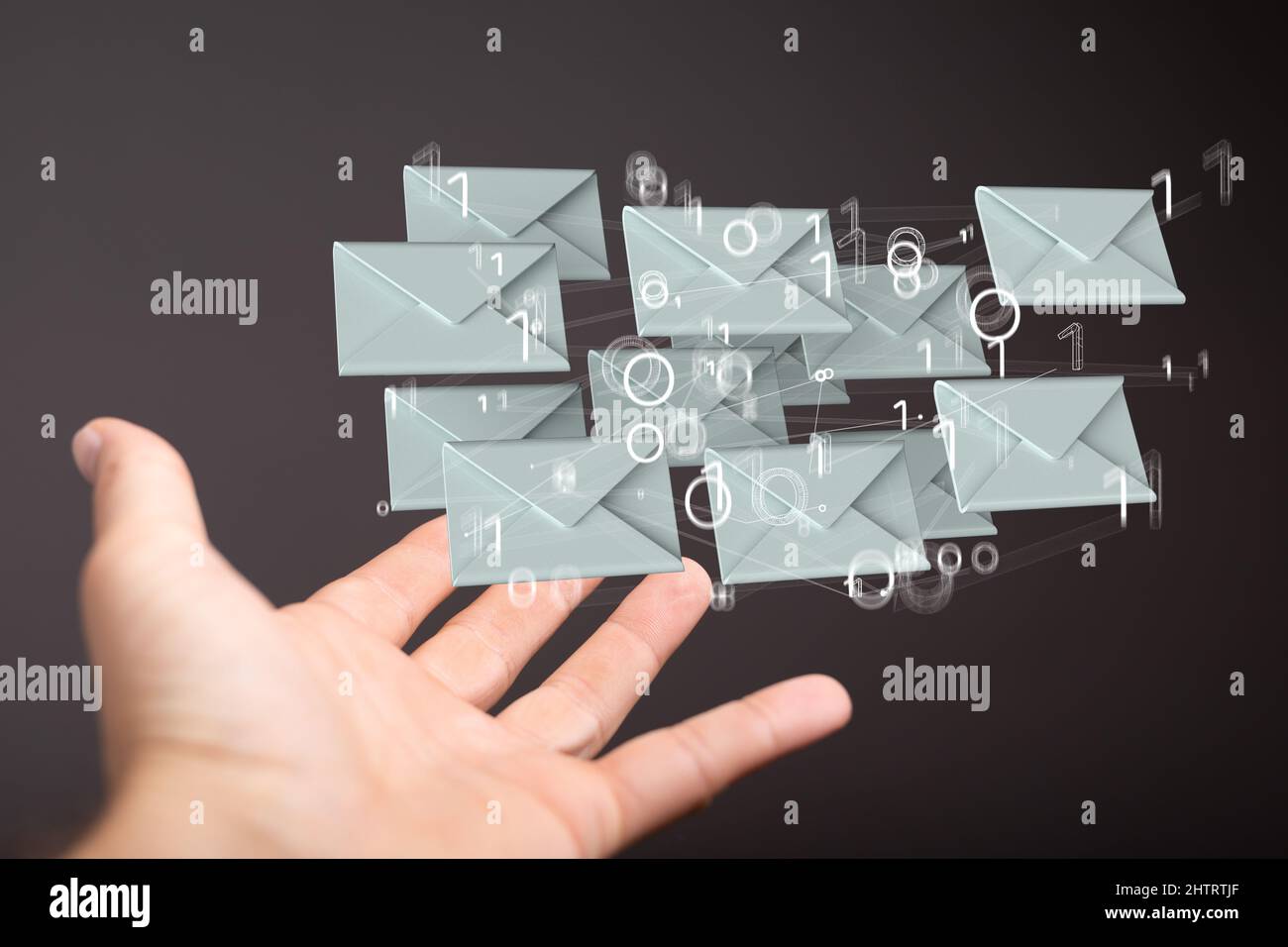 3D Rendern von E-Mail-Postfächern, die über einer Hand schweben, im grafischen Konzept der elektronischen Kommunikation Stockfoto