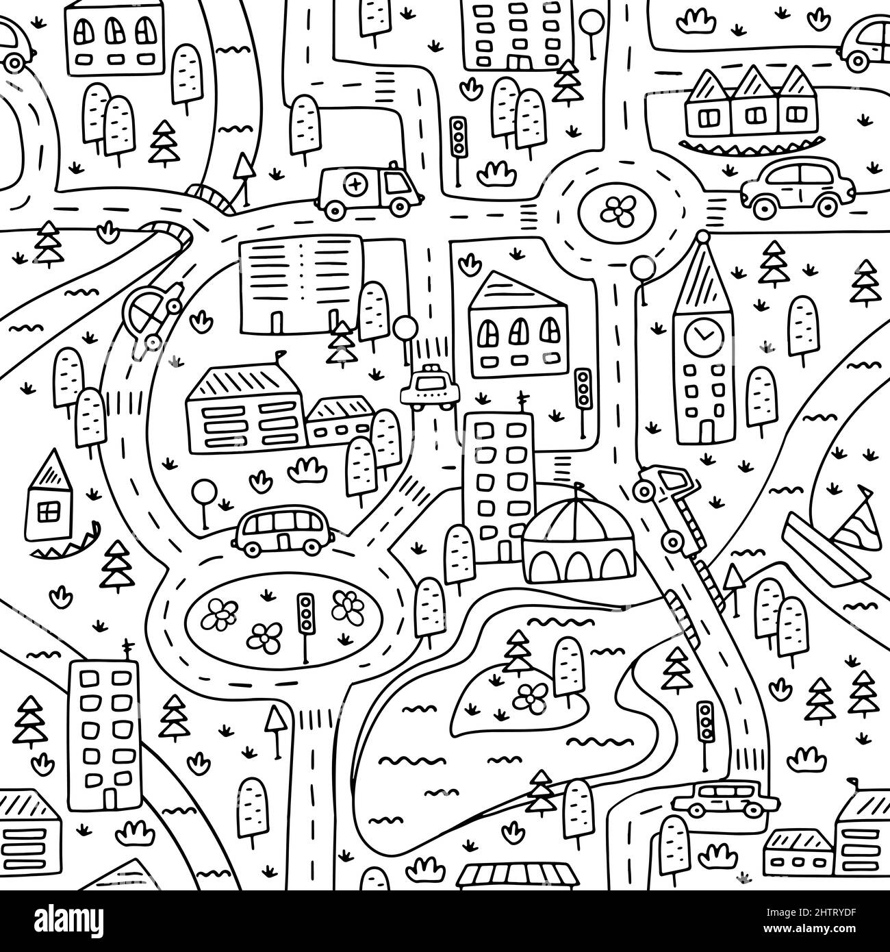 Niedliche Karte einer kleinen Stadt mit Straßen, Autos, Häusern und einem Fluss. Nahtloses Muster. Stock Vektor