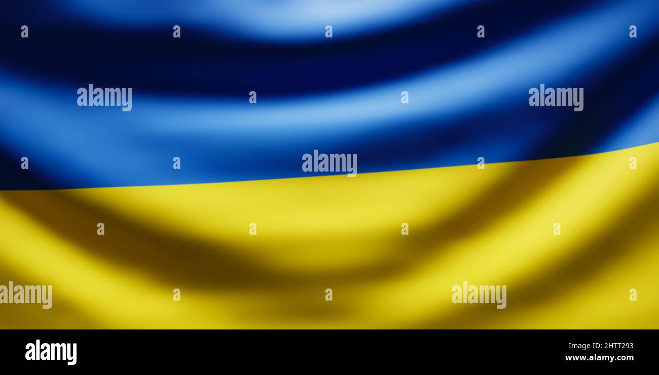 Nationalflagge der Ukraine. Blaue und gelbe Seide Stoff ukrainische Flagge winkt auf den Wind. Stockfoto