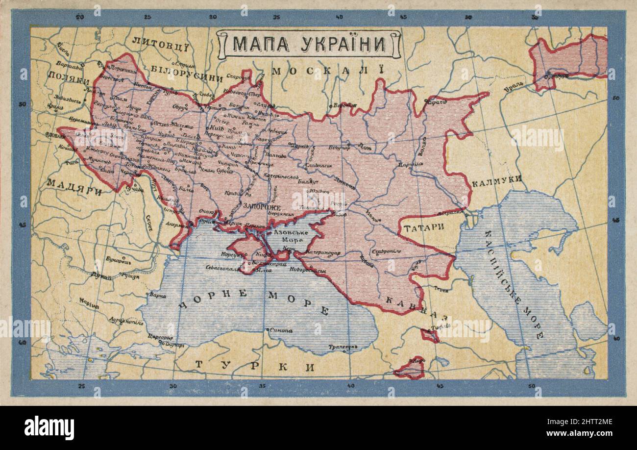 Alte Landkarte der Ukraine ca. 1895 - 1917 zeigt ukrainischsprachige Gebiete innerhalb der Ukraine und über ihre Grenzen hinaus, kyrillische Schrift Stockfoto