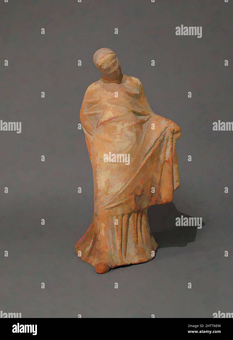 Kunst inspiriert von Terrakotta-Statuette einer verschleierten Tänzerin, hellenistisch, 3. Jahrhundert v. Chr., Griechisch, Pontisch, Terracotta, H. 7 7/8 Zoll (20,0 cm), Terracottas, Diese Statuette hat einen ähnlichen Maßstab und ähnlichen Typ wie die Bronze verschleierte und maskierte Tänzerin in der angrenzenden hellenistischen Schatzkammer, aber, Classic Works modernisiert von Artotop mit einem Schuss Moderne. Formen, Farbe und Wert, auffällige visuelle Wirkung auf Kunst. Emotionen durch Freiheit von Kunstwerken auf zeitgemäße Weise. Eine zeitlose Botschaft, die eine wild kreative neue Richtung verfolgt. Künstler, die sich dem digitalen Medium zuwenden und die Artotop NFT erschaffen Stockfoto