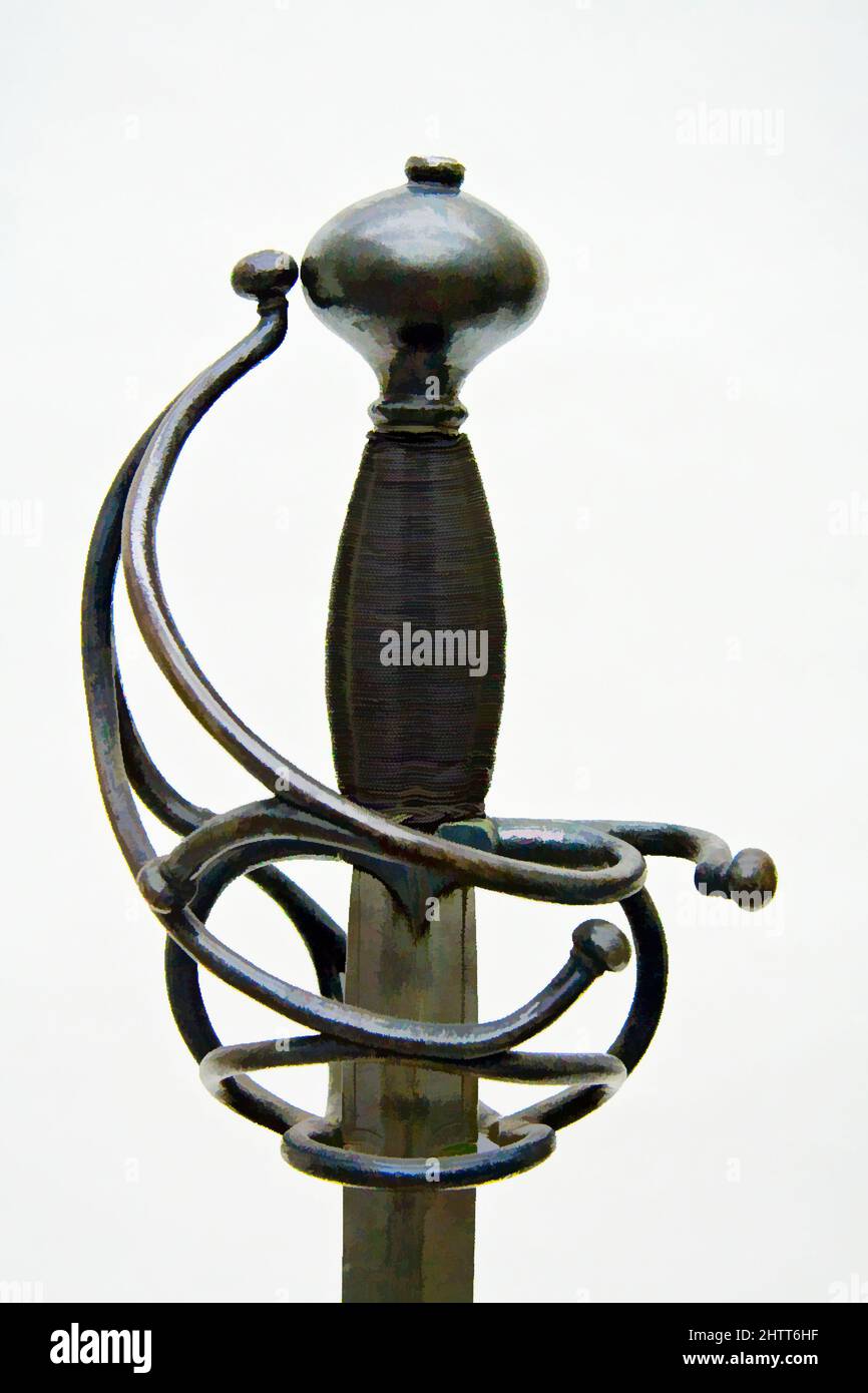 Kunst inspiriert von Rapier, ca. 1540, Italienisch, Stahl, Silber, Holz, L. 43 3/8 Zoll (110,2 cm); L. der Klinge 38 1/4 Zoll (97,2 cm), Schwerter, ab dem frühen sechzehnten Jahrhundert, die Praxis des Tragens eines Schwertes oder Vergewaltiger mit Zivilkleidung machte Duelle zwischen ungewehrten Gegnern häufiger, Classic Works modernisiert von Artotop mit einem Schuss Moderne. Formen, Farbe und Wert, auffällige visuelle Wirkung auf Kunst. Emotionen durch Freiheit von Kunstwerken auf zeitgemäße Weise. Eine zeitlose Botschaft, die eine wild kreative neue Richtung verfolgt. Künstler, die sich dem digitalen Medium zuwenden und die Artotop NFT erschaffen Stockfoto