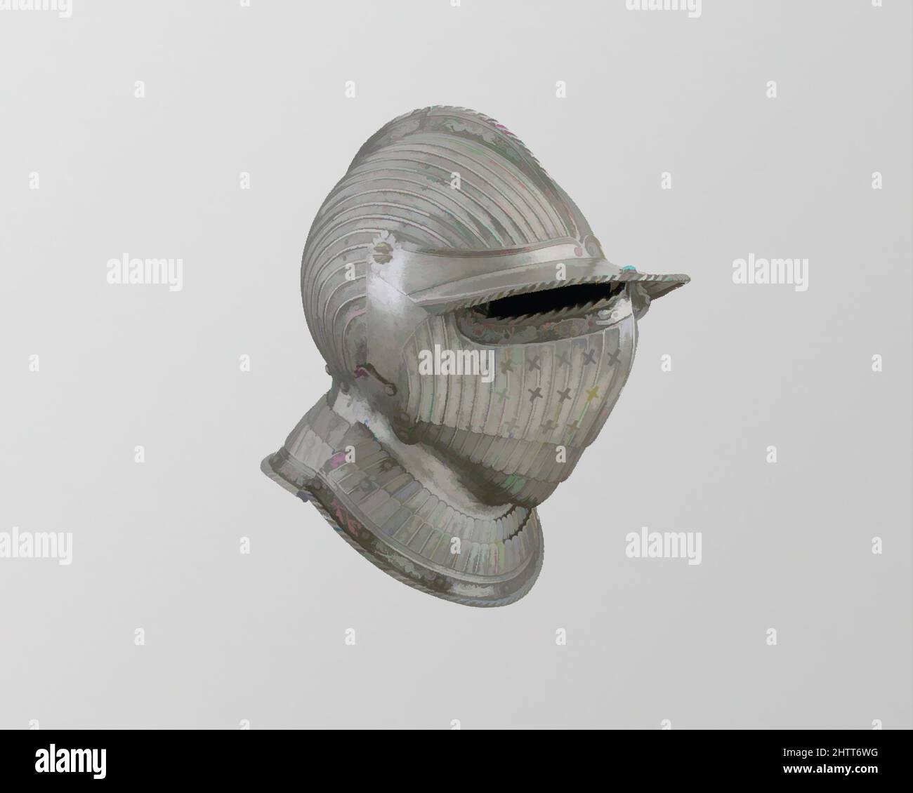 Kunst inspiriert von geschlossenem Burgonet, ca. 1525–30, Augsburg, Deutsch, Augsburg, Stahl, Leder, H. 14 5/8 Zoll (37,1 cm); B: 9 Zoll (22,9 cm); D. 12 7/8 Zoll (32,7 cm); Gewicht 6 lb. 10 oz. (3004 g), Helme, dieser Helm kombiniert Funktionen, die für Burgonets, vor allem die projizierende Spitze und fallen, Classic Works modernisiert von Artotop mit einem Schuss Modernität. Formen, Farbe und Wert, auffällige visuelle Wirkung auf Kunst. Emotionen durch Freiheit von Kunstwerken auf zeitgemäße Weise. Eine zeitlose Botschaft, die eine wild kreative neue Richtung verfolgt. Künstler, die sich dem digitalen Medium zuwenden und die Artotop NFT erschaffen Stockfoto