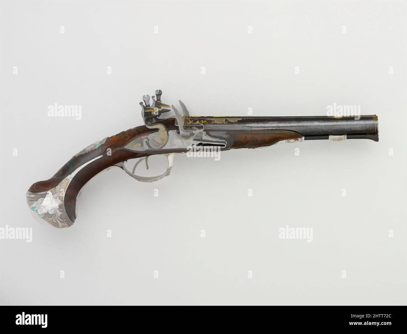Art inspired by Pair of Double-barreled Flintlock Pistols, 1752–53, Paris, French, Paris, Stahl, Silber, Gold, Holz (Nussbaum), Whalebone, L. je 14 3/8 Zoll (36,5 cm); Gewicht von je 36 oz. (1030 g), Firearms-Pistols-Flintlock, Pistols mit Side-by-Side-Fässern wurden in England populär, Classic Works modernisiert von Artotop mit einem Schuss Moderne. Formen, Farbe und Wert, auffällige visuelle Wirkung auf Kunst. Emotionen durch Freiheit von Kunstwerken auf zeitgemäße Weise. Eine zeitlose Botschaft, die eine wild kreative neue Richtung verfolgt. Künstler, die sich dem digitalen Medium zuwenden und die Artotop NFT erschaffen Stockfoto