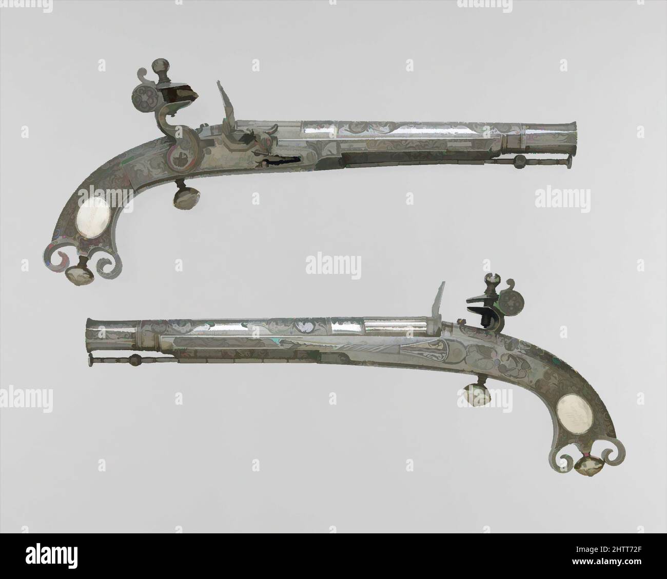 Kunst inspiriert von einem Paar Feuerstock Pistolen, ca. 1750–70, Doune, Perthshire, Scottish, Doune, Stahl, Silber, L. 11 3/4 Zoll (29,8 cm), Schusswaffen-Pistols-Flintlock, trugen die Highland-Krieger Schottlands unverwechselbare Waffen. Ihre Pistolen wurden, anders als die anderswo in Großbritannien hergestellten, von Artotop modernisierten Classic Works mit einem Schuss Modernität. Formen, Farbe und Wert, auffällige visuelle Wirkung auf Kunst. Emotionen durch Freiheit von Kunstwerken auf zeitgemäße Weise. Eine zeitlose Botschaft, die eine wild kreative neue Richtung verfolgt. Künstler, die sich dem digitalen Medium zuwenden und die Artotop NFT erschaffen Stockfoto