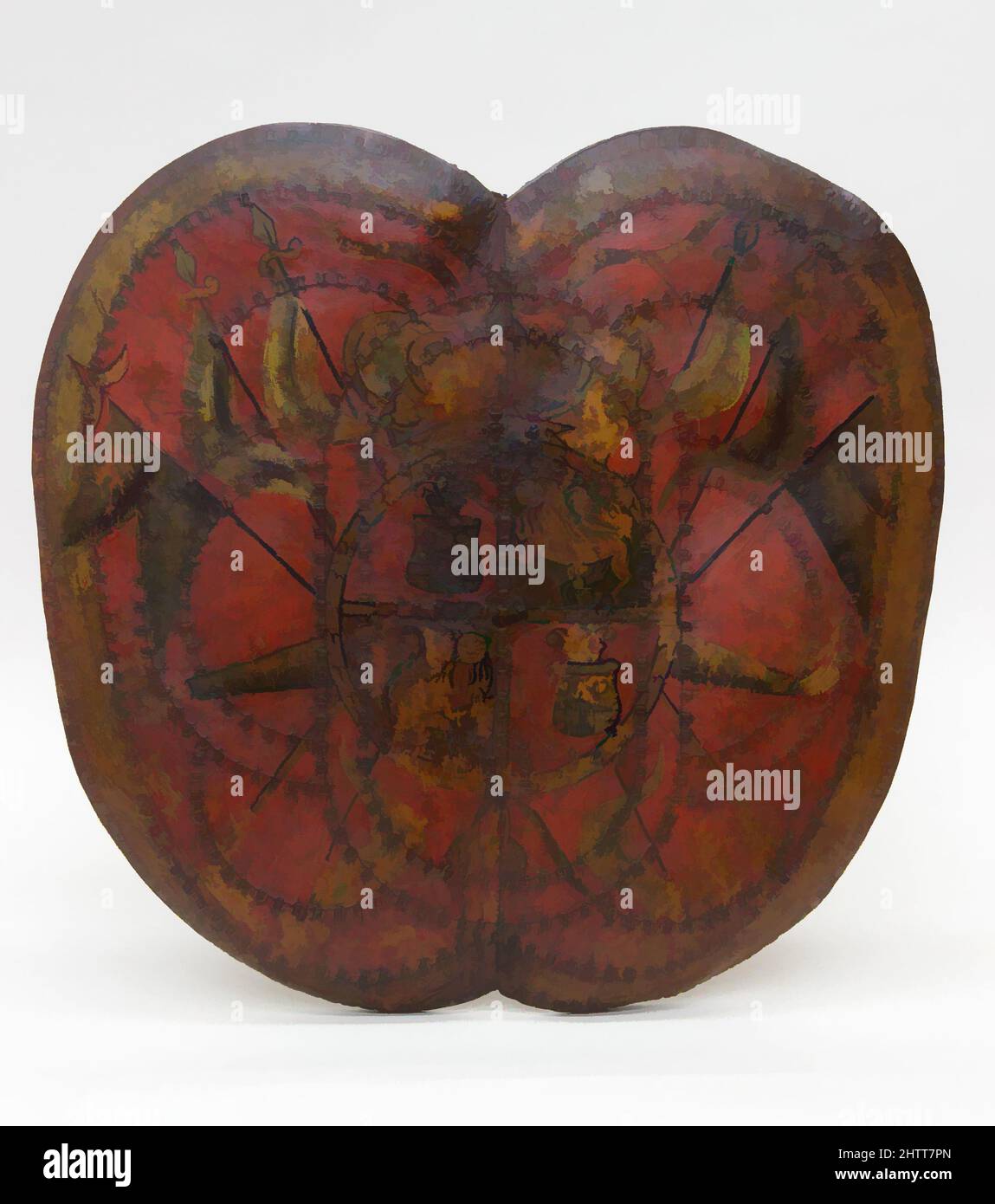 Kunst inspiriert von Shield (Adarga), wahrscheinlich Mitte des 18.. Jahrhunderts, mexikanisch, Leder, Pigment, H. 19 1/4 Zoll (48,9 cm); B: 19 1/2 Zoll (49,5 cm); Gewicht 2 lb. 11 oz. (1219 g), Shields, Adargas sind eine Art Lederschild, das im 13.. Jahrhundert aus Nordafrika nach Spanien eingeführt wurde. Dieses Beispiel ist, Classic Works modernisiert von Artotop mit einem Schuss Moderne. Formen, Farbe und Wert, auffällige visuelle Wirkung auf Kunst. Emotionen durch Freiheit von Kunstwerken auf zeitgemäße Weise. Eine zeitlose Botschaft, die eine wild kreative neue Richtung verfolgt. Künstler, die sich dem digitalen Medium zuwenden und die Artotop NFT erschaffen Stockfoto