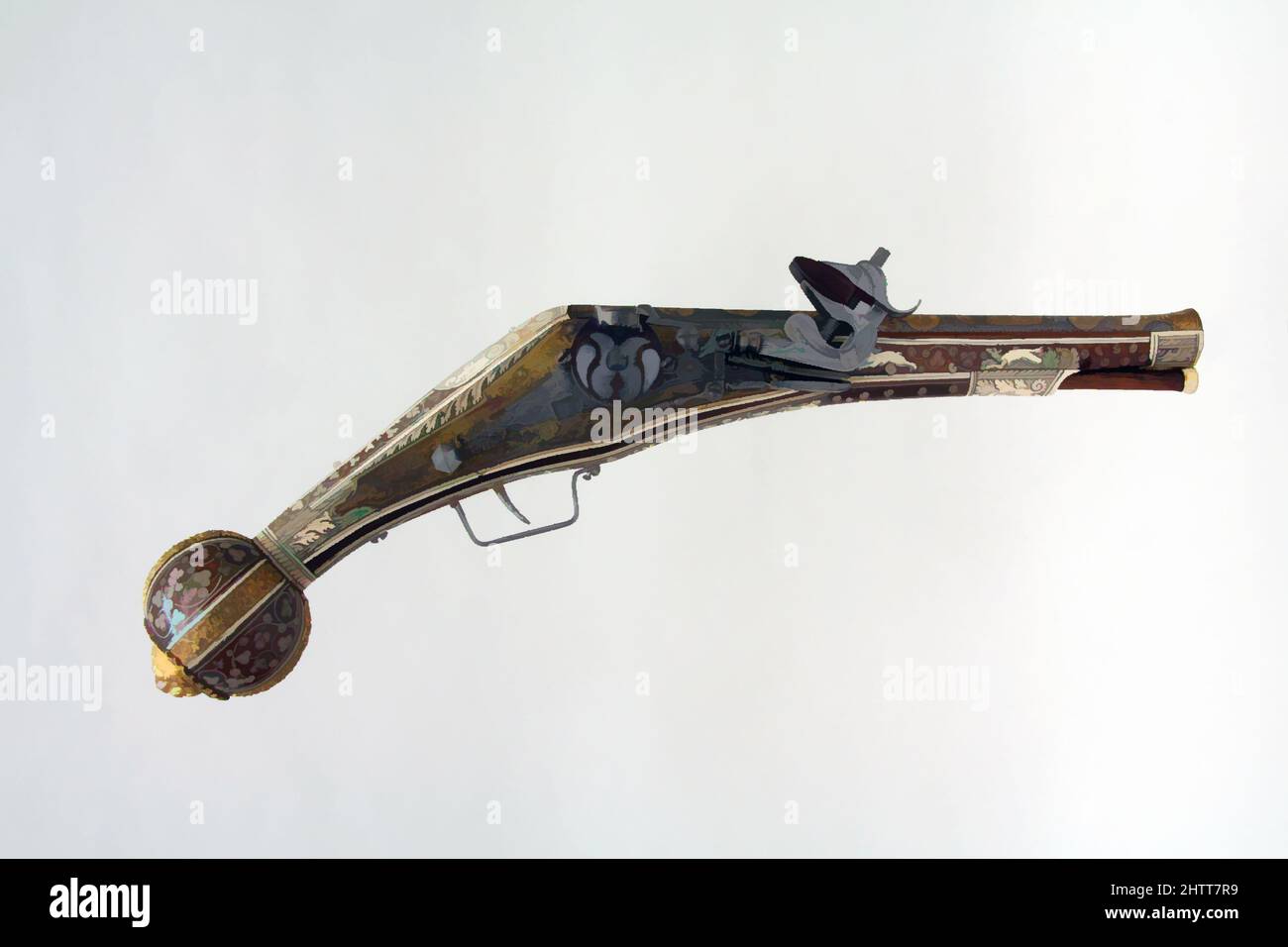 Kunst inspiriert von Radschlosspistole, ca. 1580, Nürnberg, Deutsch, Nürnberg, Holz, Geätzter und vergoldeter Stahl, Kupfervergoldung, Knochen, L. 21 Zoll (53,3 cm); H. 8 5/8 Zoll (21,9 cm); D. 3 1/8 Zoll (80 cm); Gewicht 4 lb. 7 oz. (2016 g), Schusswaffen-Pistolen-Radschloss, Classic Works von Artotop mit einem Schuss Moderne modernisiert. Formen, Farbe und Wert, auffällige visuelle Wirkung auf Kunst. Emotionen durch Freiheit von Kunstwerken auf zeitgemäße Weise. Eine zeitlose Botschaft, die eine wild kreative neue Richtung verfolgt. Künstler, die sich dem digitalen Medium zuwenden und die Artotop NFT erschaffen Stockfoto