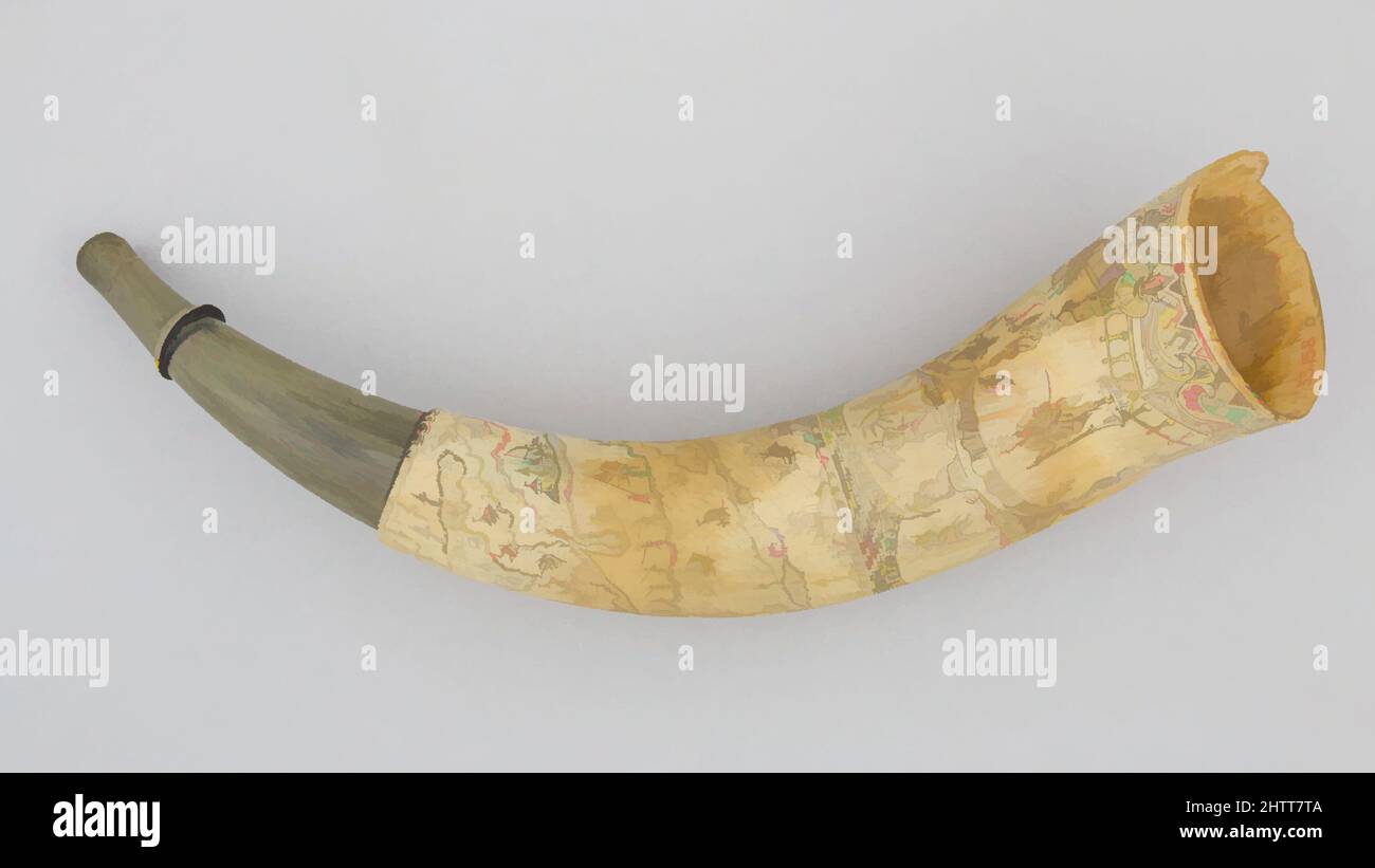 Kunst inspiriert von Powder Horn, ca. 1760, Kanada, Horn, L. 14 3/4 Zoll (37,5 cm); Durchm. 3 1/4 Zoll (8,3 cm); Gewicht 13,7 oz. (388,4 g), Schusswaffen-Puderhörner, Klassisches Werk, modernisiert von Artotop mit einem Schuss Modernität. Formen, Farbe und Wert, auffällige visuelle Wirkung auf Kunst. Emotionen durch Freiheit von Kunstwerken auf zeitgemäße Weise. Eine zeitlose Botschaft, die eine wild kreative neue Richtung verfolgt. Künstler, die sich dem digitalen Medium zuwenden und die Artotop NFT erschaffen Stockfoto