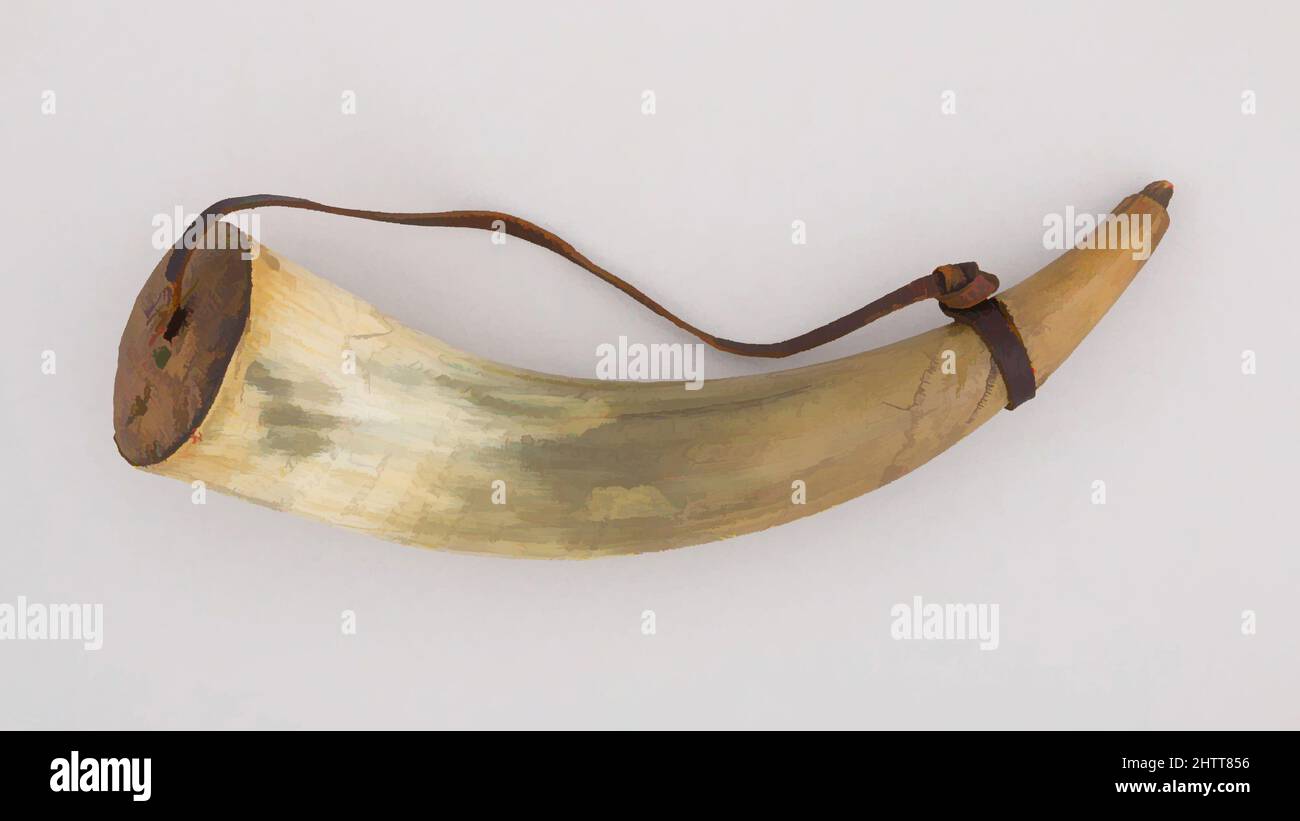 Kunst inspiriert von Powder Horn, 18. Century, New York, American, Horn (Kuh), Holz, Leder, L. 12 Zoll (30,5 cm); Durchm. 3 1/4 Zoll (8,3 cm); Gewicht 5,1 oz. (144,6 g), Schusswaffen-Puderhörner, Dieses Puderhorn ist mit einer Karte des Hudson River Valley und den königlichen Armen der von Artotop modernisierten Classic Works mit einem Schuss Modernität graviert. Formen, Farbe und Wert, auffällige visuelle Wirkung auf Kunst. Emotionen durch Freiheit von Kunstwerken auf zeitgemäße Weise. Eine zeitlose Botschaft, die eine wild kreative neue Richtung verfolgt. Künstler, die sich dem digitalen Medium zuwenden und die Artotop NFT erschaffen Stockfoto