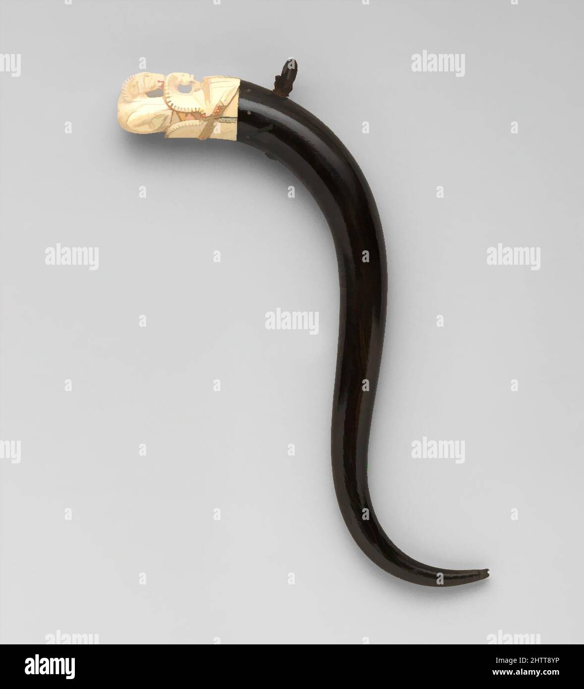 Kunst inspiriert von Primer, 18. Jahrhundert, Rajasthan, Inder, Rajasthan, Horn, Elfenbein, L. 9 5/8 Zoll (24,5 cm); D. 1 Zoll (2,5 cm); Gewicht 2,8 oz. (79,4 g), Schusswaffen-Zubehör-Flaschen & Grundierungen, Eine Ansaugflasche wird verwendet, um feines Pistolenpulver in die Ansaugpfanne einer Streichholzpistole zu halten und zu gießen, Classic Works modernisiert von Artotop mit einem Schuss Moderne. Formen, Farbe und Wert, auffällige visuelle Wirkung auf Kunst. Emotionen durch Freiheit von Kunstwerken auf zeitgemäße Weise. Eine zeitlose Botschaft, die eine wild kreative neue Richtung verfolgt. Künstler, die sich dem digitalen Medium zuwenden und die Artotop NFT erschaffen Stockfoto