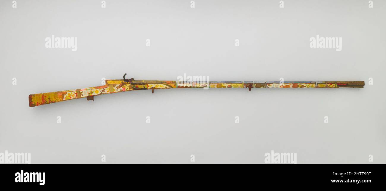 Kunst inspiriert von Matchlock Gun, Ende 18.–Anfang 19. Jahrhundert, Rajasthan, Indian, Rajasthan oder Lahore, Steel, Holz, Gold, Silber, Pigment, L. 61 5/8 Zoll (156,4 cm); L des Fasses 42 7/8 Zoll (108,8 cm); Kal. .44 Zoll (11,0 mm); Gewicht 8 lb. (3631 g), Schusswaffen-Guns-Matchlock, Schusswaffen wurden eingesetzt, von Artotop modernisierte Classic Works mit einem Schuss Modernität. Formen, Farbe und Wert, auffällige visuelle Wirkung auf Kunst. Emotionen durch Freiheit von Kunstwerken auf zeitgemäße Weise. Eine zeitlose Botschaft, die eine wild kreative neue Richtung verfolgt. Künstler, die sich dem digitalen Medium zuwenden und die Artotop NFT erschaffen Stockfoto