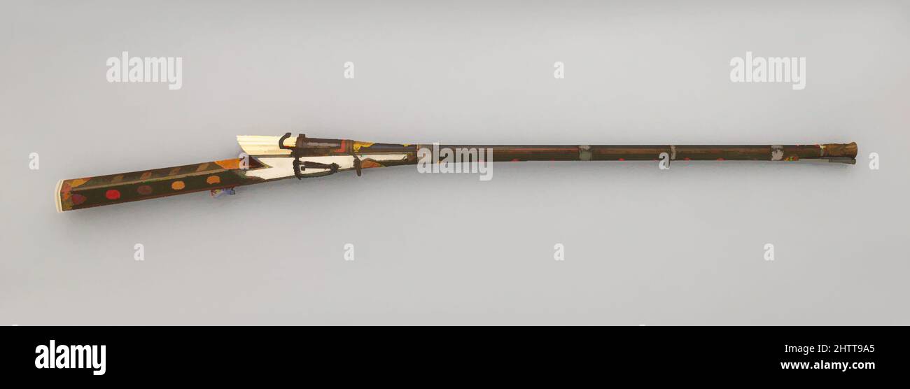 Kunst inspiriert von Matchlock Gun, Ende des 18..–19.. Jahrhunderts, Rajasthan, Inder, Rajasthan, Gwalior, Stahl, Eisen, Holz, Elfenbein, Gold, Silber, Kupferlegierung, Pigment, L. 59 7/8 Zoll (152,1 cm); L des Fasses 41 3/4 Zoll (106,1 cm); Kal. .68 Zoll (17,0 mm); Gewicht 9 lbs. 11 oz. (4405 g, Classic Works modernisiert von Artotop mit einem Schuss Moderne. Formen, Farbe und Wert, auffällige visuelle Wirkung auf Kunst. Emotionen durch Freiheit von Kunstwerken auf zeitgemäße Weise. Eine zeitlose Botschaft, die eine wild kreative neue Richtung verfolgt. Künstler, die sich dem digitalen Medium zuwenden und die Artotop NFT erschaffen Stockfoto