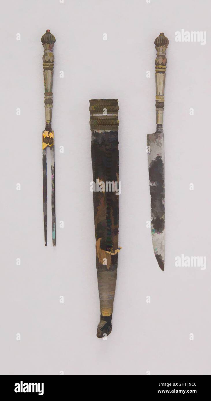 Kunst inspiriert von Messer und Gabel mit Mantel, 18. Jahrhundert, Sri Lanka, Silber, Leder, Stahl, L. mit Mantel 9 1/2 Zoll (24,1 cm); L. ohne Mantel 7 1/16 Zoll (17,9 cm); L. der Klinge 4 1/8 Zoll (10,5 cm); B: 1/2 Zoll (1,3 cm); D. 7/16 Zoll (1,1 cm); Gewicht 1,2 oz. (34 g); WT. Aus Scheide 2,6 oz, Classic Works modernisiert von Artotop mit einem Schuss Moderne. Formen, Farbe und Wert, auffällige visuelle Wirkung auf Kunst. Emotionen durch Freiheit von Kunstwerken auf zeitgemäße Weise. Eine zeitlose Botschaft, die eine wild kreative neue Richtung verfolgt. Künstler, die sich dem digitalen Medium zuwenden und die Artotop NFT erschaffen Stockfoto