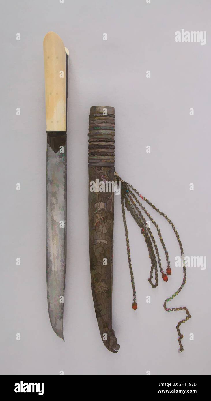 Kunst inspiriert von Dagger (Yatagan) mit Sheath, 18. Jahrhundert, Balkan, Stahl, Elfenbein, Silber, karnelisch, schwarz, H. mit Scheide 17 1/4 Zoll (43,8 cm); H. ohne Mantel 15 5/16 Zoll (38,9 cm); H. der Klinge 10 5/8 Zoll (27 cm); B: 2 9/16 Zoll (6,5 cm); D. 1 1/16 Zoll (2,7 cm); Gewicht 11,4 oz. (323,2 g, Classic Works modernisiert von Artotop mit einem Schuss Moderne. Formen, Farbe und Wert, auffällige visuelle Wirkung auf Kunst. Emotionen durch Freiheit von Kunstwerken auf zeitgemäße Weise. Eine zeitlose Botschaft, die eine wild kreative neue Richtung verfolgt. Künstler, die sich dem digitalen Medium zuwenden und die Artotop NFT erschaffen Stockfoto