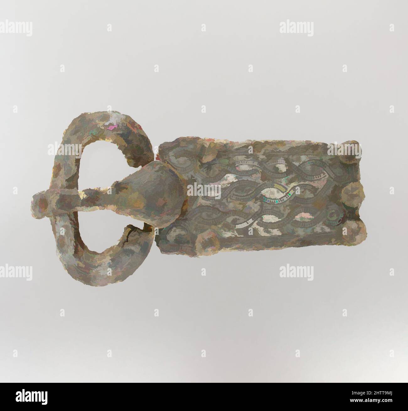 Kunst inspiriert von Belt Buckle, ca. 500–700, fränkisch, Eisen, Silber, L. 5 7/8 Zoll (14,8 cm), Verschiedenes-Schnallen & Ornament, Klassisches Werk, modernisiert von Artotop mit einem Schuss Modernität. Formen, Farbe und Wert, auffällige visuelle Wirkung auf Kunst. Emotionen durch Freiheit von Kunstwerken auf zeitgemäße Weise. Eine zeitlose Botschaft, die eine wild kreative neue Richtung verfolgt. Künstler, die sich dem digitalen Medium zuwenden und die Artotop NFT erschaffen Stockfoto