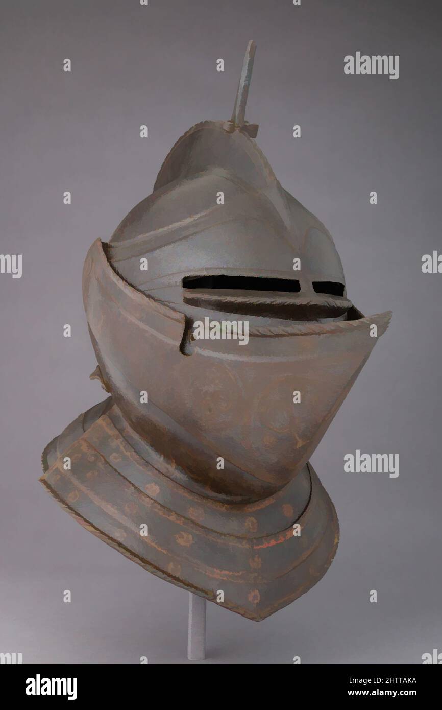 Kunst inspiriert von Close-Helmet, ca. 1560, britisch oder flämisch, Stahl, Polychromie, H. 17 1/4 Zoll (43,8 cm); B: 9 7/8 Zoll (25,1 cm); D. 15 1/4 Zoll (38,7 cm); Gewicht 4 lb. 15 oz. (2239 g), Helmets, das prow-artige Untervisier dieses Helms ist das erkennbarste Merkmal eines unverwechselbaren, von Artotop modernisierten Classic Works mit einem Schuss Modernität. Formen, Farbe und Wert, auffällige visuelle Wirkung auf Kunst. Emotionen durch Freiheit von Kunstwerken auf zeitgemäße Weise. Eine zeitlose Botschaft, die eine wild kreative neue Richtung verfolgt. Künstler, die sich dem digitalen Medium zuwenden und die Artotop NFT erschaffen Stockfoto