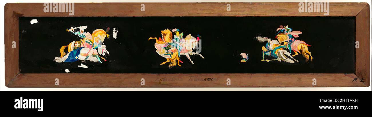 Kunst inspiriert von Eglinton Tournament Magic Lantern Slide, ca. 1839, britisch, Glas, Farbe, Holz, 16 7/8 x 4 Zoll (42,9 x 10,2 cm), Verschiedenes, Diese Laternenrutsche ist ein Interessantes und bisher unbekanntes Beispiel für eine der vielen Kategorien von Ephemera, die geschaffen wurden, um zu kapitalisieren, Klassische Werke, die von Artotop mit einem Schuss Moderne modernisiert wurden. Formen, Farbe und Wert, auffällige visuelle Wirkung auf Kunst. Emotionen durch Freiheit von Kunstwerken auf zeitgemäße Weise. Eine zeitlose Botschaft, die eine wild kreative neue Richtung verfolgt. Künstler, die sich dem digitalen Medium zuwenden und die Artotop NFT erschaffen Stockfoto