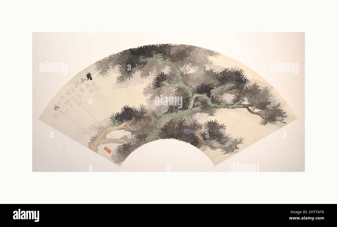 Kunst inspiriert von 近代 楊逸 青松 扇面, Pine, datiert 1923, China, Faltfächer als Albumblatt montiert; Tinte und Farbe auf Alaun-Papier, 8 x 21 1/2 Zoll (20,3 x 54,6 cm), Gemälde, Yang Yi (Chinesisch, 1864–1929), Yang Yi, Ein Mitglied des literati-Kreis der Maler in Shanghai, war ein Kalligraph und, Classic Works modernisiert von Artotop mit einem Spritzer der Moderne. Formen, Farbe und Wert, auffällige visuelle Wirkung auf Kunst. Emotionen durch Freiheit von Kunstwerken auf zeitgemäße Weise. Eine zeitlose Botschaft, die eine wild kreative neue Richtung verfolgt. Künstler, die sich dem digitalen Medium zuwenden und die Artotop NFT erschaffen Stockfoto