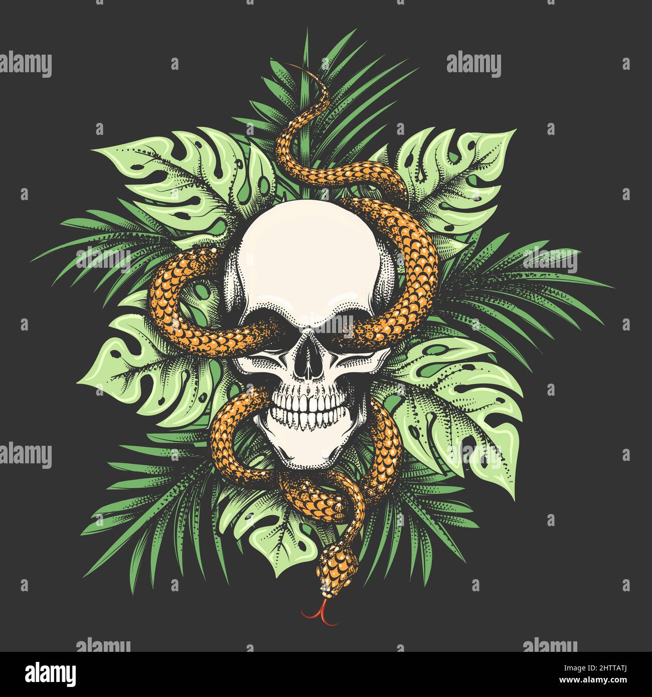 Schädel und Schlange auf Dschungelblättern isoliert auf schwarzem Hintergrund. Vektorgrafik. Stock Vektor