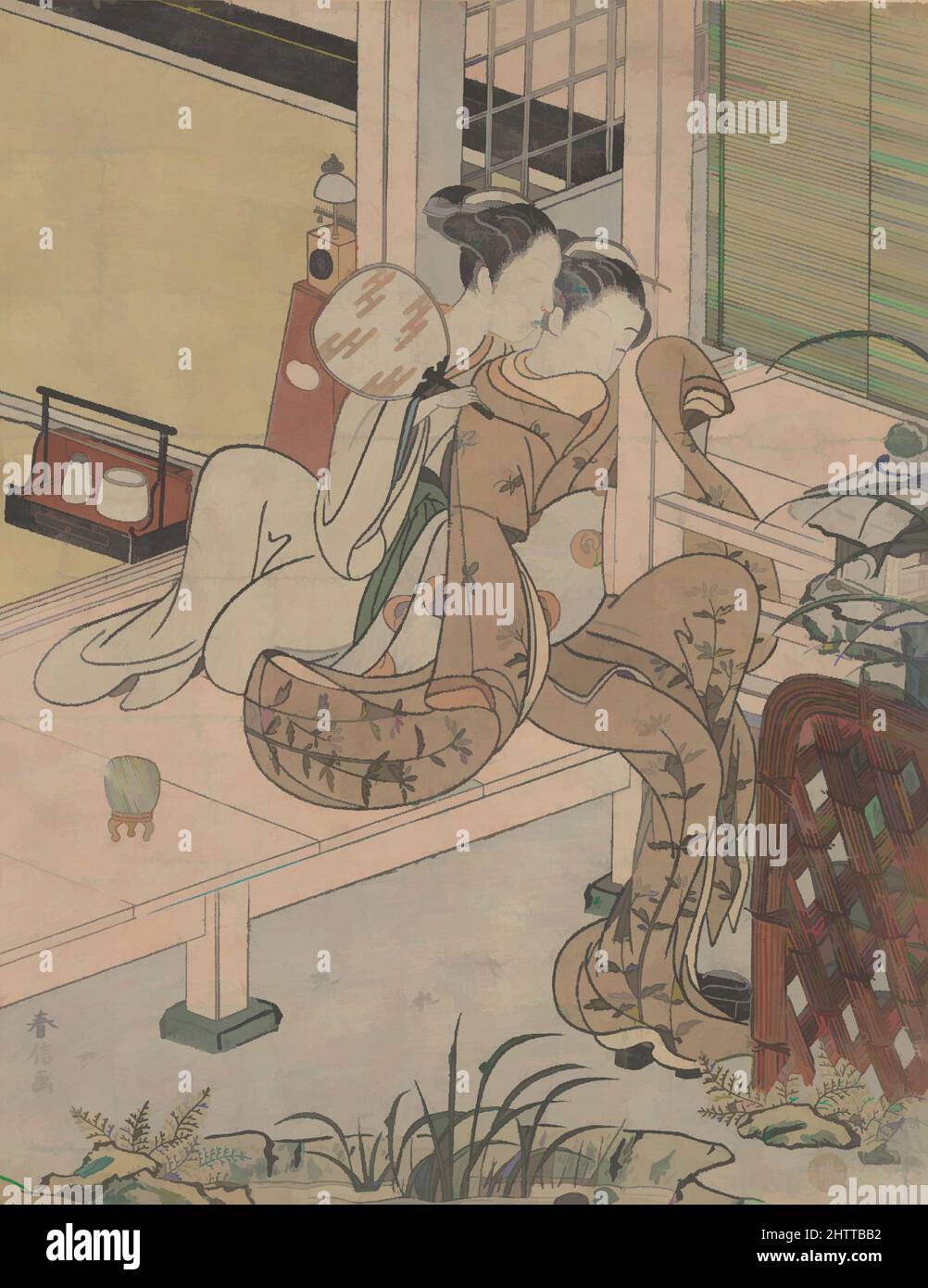 Kunst, inspiriert vom Klatsch, Edo-Zeit (1615–1868), ca. 1767, Japan, Polychromer Holzschnitt; Tinte und Farbe auf Papier, 10 1/4 x 7 1/4 Zoll (26 x 18,4 cm), Drucke, Suzuki Harunobu (japanisch, 1725–1770), in Harunobus künstlerischer Vision wird das Innenleben durch seine Beziehung zu den von Artotop modernisierten, klassischen Werken mit einem Schuss Moderne bestimmt. Formen, Farbe und Wert, auffällige visuelle Wirkung auf Kunst. Emotionen durch Freiheit von Kunstwerken auf zeitgemäße Weise. Eine zeitlose Botschaft, die eine wild kreative neue Richtung verfolgt. Künstler, die sich dem digitalen Medium zuwenden und die Artotop NFT erschaffen Stockfoto