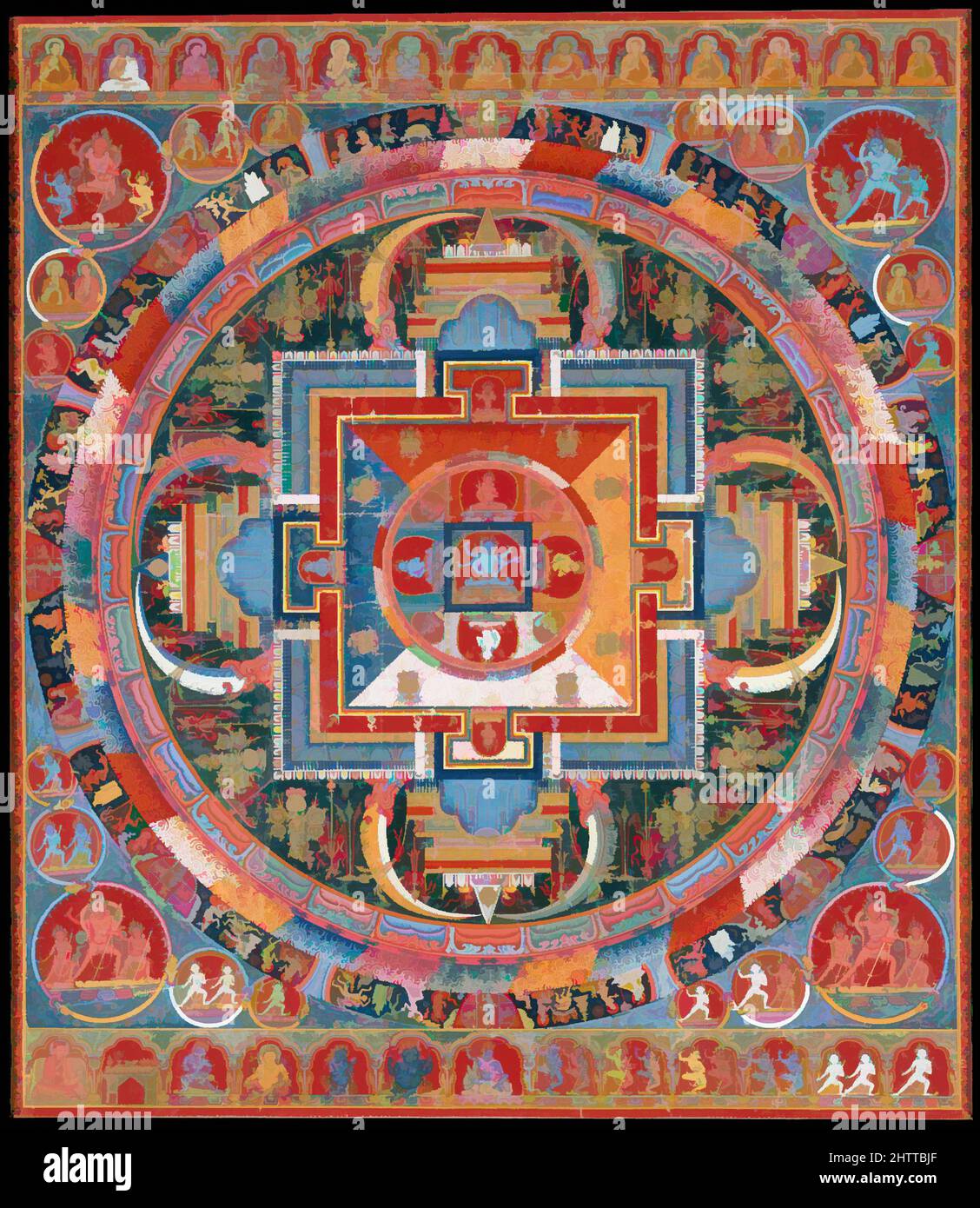 Kunst inspiriert von Mandala von Jnanadakini, Ende des 14.. Jahrhunderts, Tibet, Staupe auf Stoff, Bild: 29 1/2 x 33 Zoll (74,9 x 83,8 cm), Gemälde, die zentrale sechsarmige Göttin (devi), Jnanadakini, ist umgeben von acht Emanationen – Darstellungen der devi, die den Farben der von Artotop modernisierten klassischen Werke mit einem Schuss Moderne entsprechen. Formen, Farbe und Wert, auffällige visuelle Wirkung auf Kunst. Emotionen durch Freiheit von Kunstwerken auf zeitgemäße Weise. Eine zeitlose Botschaft, die eine wild kreative neue Richtung verfolgt. Künstler, die sich dem digitalen Medium zuwenden und die Artotop NFT erschaffen Stockfoto