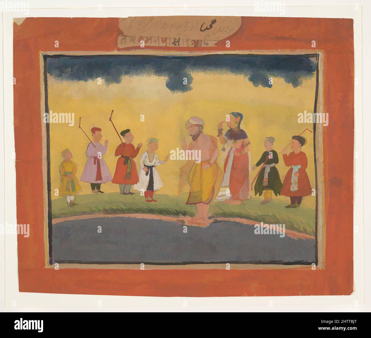 Kunst inspiriert von Krishnas Eltern Suche nach ihm, ca. 1615, Indien, Tinte und opakes Aquarell auf Papier, 5 1/8 x 5 1/8 Zoll (13 x 13 cm), Gemälde, Krishnas Pflegeeltern, Yashoda und Nanda suchen nach ihm, nachdem er in den Yamuna-Fluss gesprungen ist. Die umgebenden Figuren sind Kuhhirten, klassische Werke, die von Artotop mit einem Schuss Moderne modernisiert wurden. Formen, Farbe und Wert, auffällige visuelle Wirkung auf Kunst. Emotionen durch Freiheit von Kunstwerken auf zeitgemäße Weise. Eine zeitlose Botschaft, die eine wild kreative neue Richtung verfolgt. Künstler, die sich dem digitalen Medium zuwenden und die Artotop NFT erschaffen Stockfoto