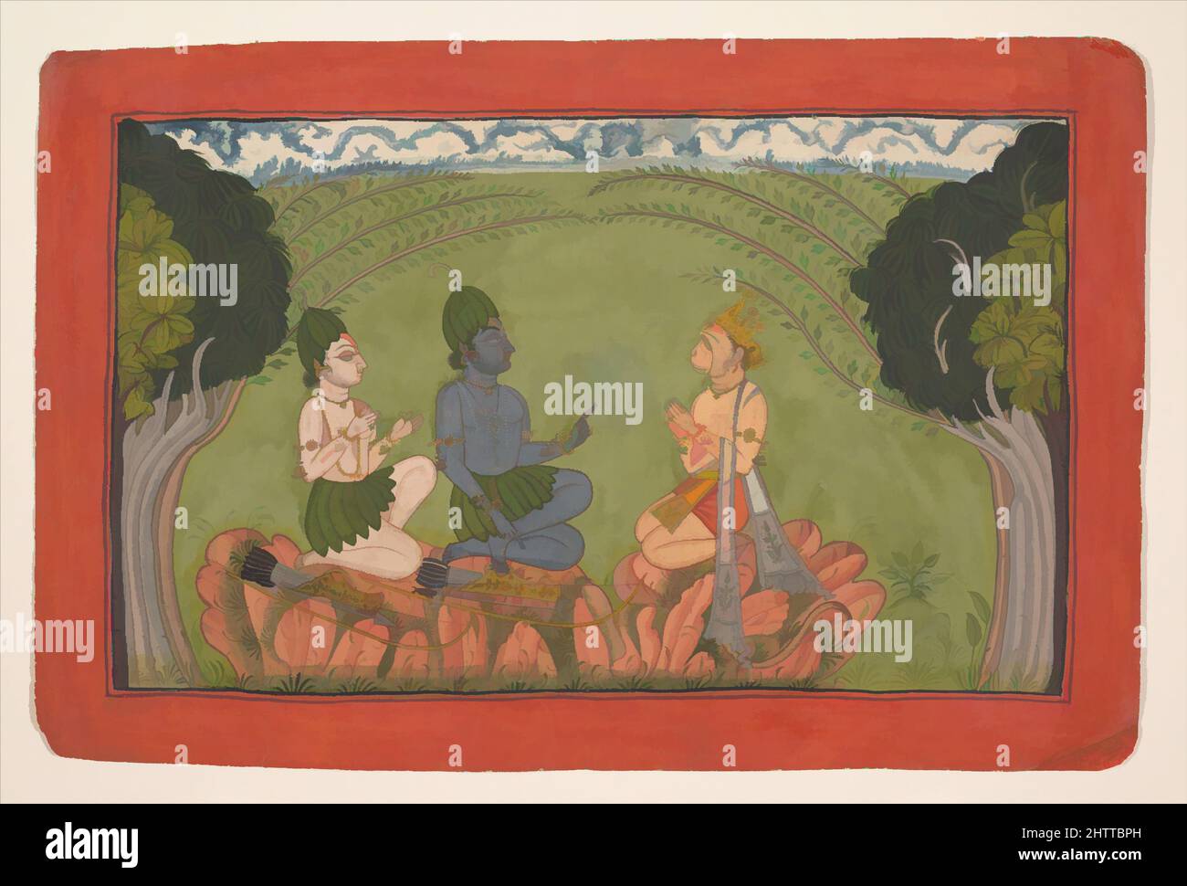 Kunst inspiriert von Hanuman vor Rama und Lakshmana, ca. 1710–25, Indien (Punjab Hills, Mankot), Tinte und opakes Aquarell auf Papier, 8 x 12 1/8 Zoll (20,3 x 30,8 cm), Gemälde, als Hanuman als Bote von Sugriva erstmals auf Rama und Lakshmana trifft, nimmt er Form und Aspekt an, klassische Werke, die von Artotop mit einem Schuss Moderne modernisiert wurden. Formen, Farbe und Wert, auffällige visuelle Wirkung auf Kunst. Emotionen durch Freiheit von Kunstwerken auf zeitgemäße Weise. Eine zeitlose Botschaft, die eine wild kreative neue Richtung verfolgt. Künstler, die sich dem digitalen Medium zuwenden und die Artotop NFT erschaffen Stockfoto