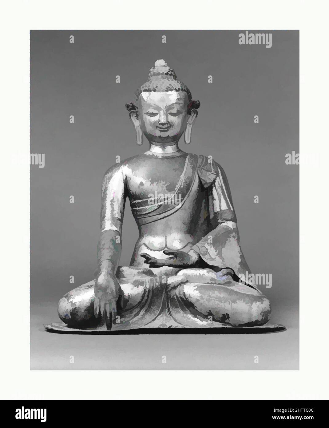 Kunst inspiriert von sitzenden Buddha, 14.–15. Jahrhundert, Nepal (Kathmandu Valley), Repousse Kupfer mit Halbedelsteinen, H. 16 Zoll (40,6 cm); B: 13 1/16 Zoll (33,2 cm), Skulptur, Klassisches von Artotop modernisiertes Werk mit einem Schuss Moderne. Formen, Farbe und Wert, auffällige visuelle Wirkung auf Kunst. Emotionen durch Freiheit von Kunstwerken auf zeitgemäße Weise. Eine zeitlose Botschaft, die eine wild kreative neue Richtung verfolgt. Künstler, die sich dem digitalen Medium zuwenden und die Artotop NFT erschaffen Stockfoto