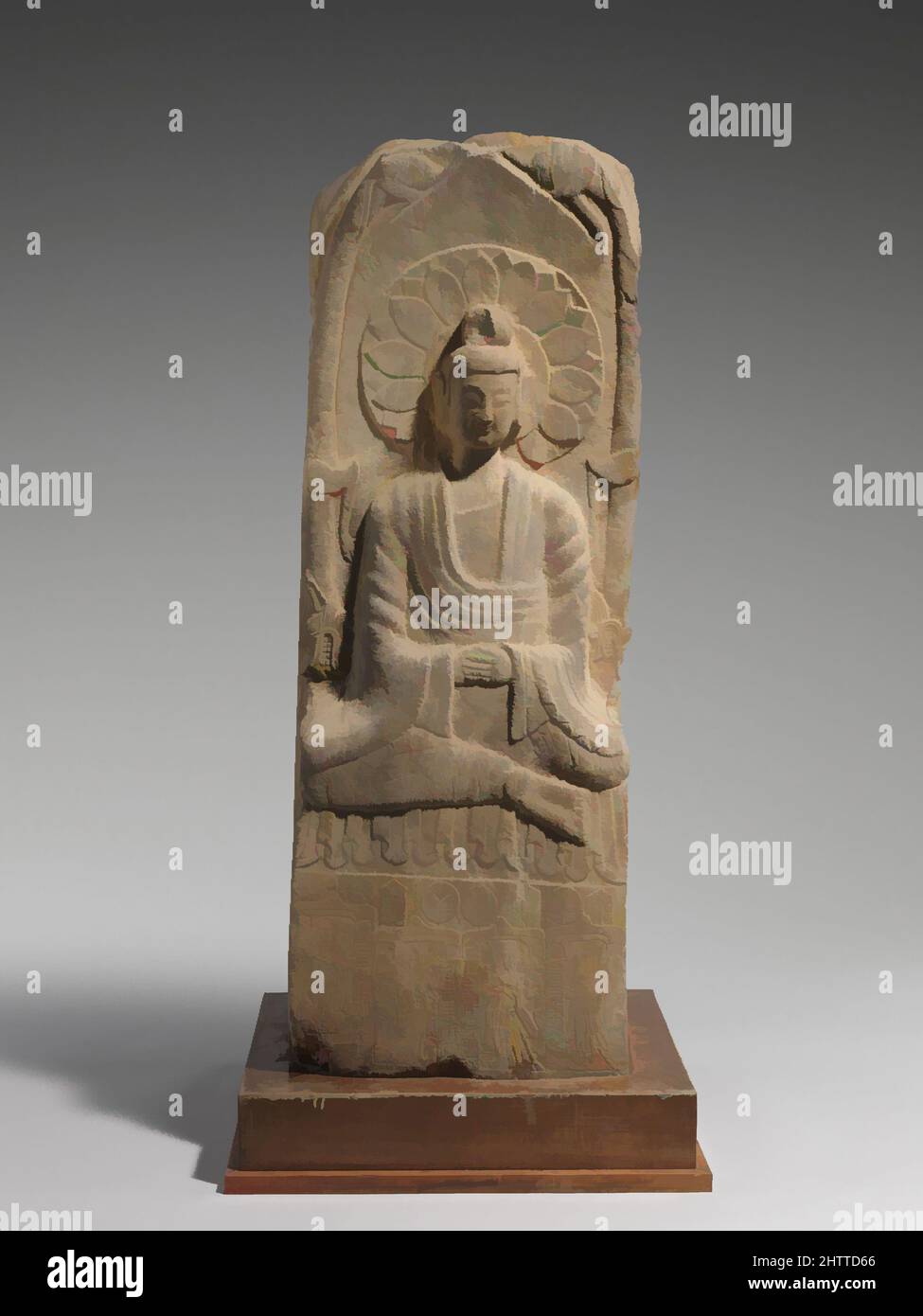 Kunst inspiriert von Stele mit Buddha Maitreya, Nördliche Wei Dynastie (386–534), datiert 533, China, Kalkstein, H. 45 Zoll (114,3 cm); B: 14 3/4 Zoll (37,5 cm); D. 11 1/8 Zoll (28,3 cm), Skulptur, Klassisches von Artotop modernisiertes Werk mit einem Schuss Moderne. Formen, Farbe und Wert, auffällige visuelle Wirkung auf Kunst. Emotionen durch Freiheit von Kunstwerken auf zeitgemäße Weise. Eine zeitlose Botschaft, die eine wild kreative neue Richtung verfolgt. Künstler, die sich dem digitalen Medium zuwenden und die Artotop NFT erschaffen Stockfoto