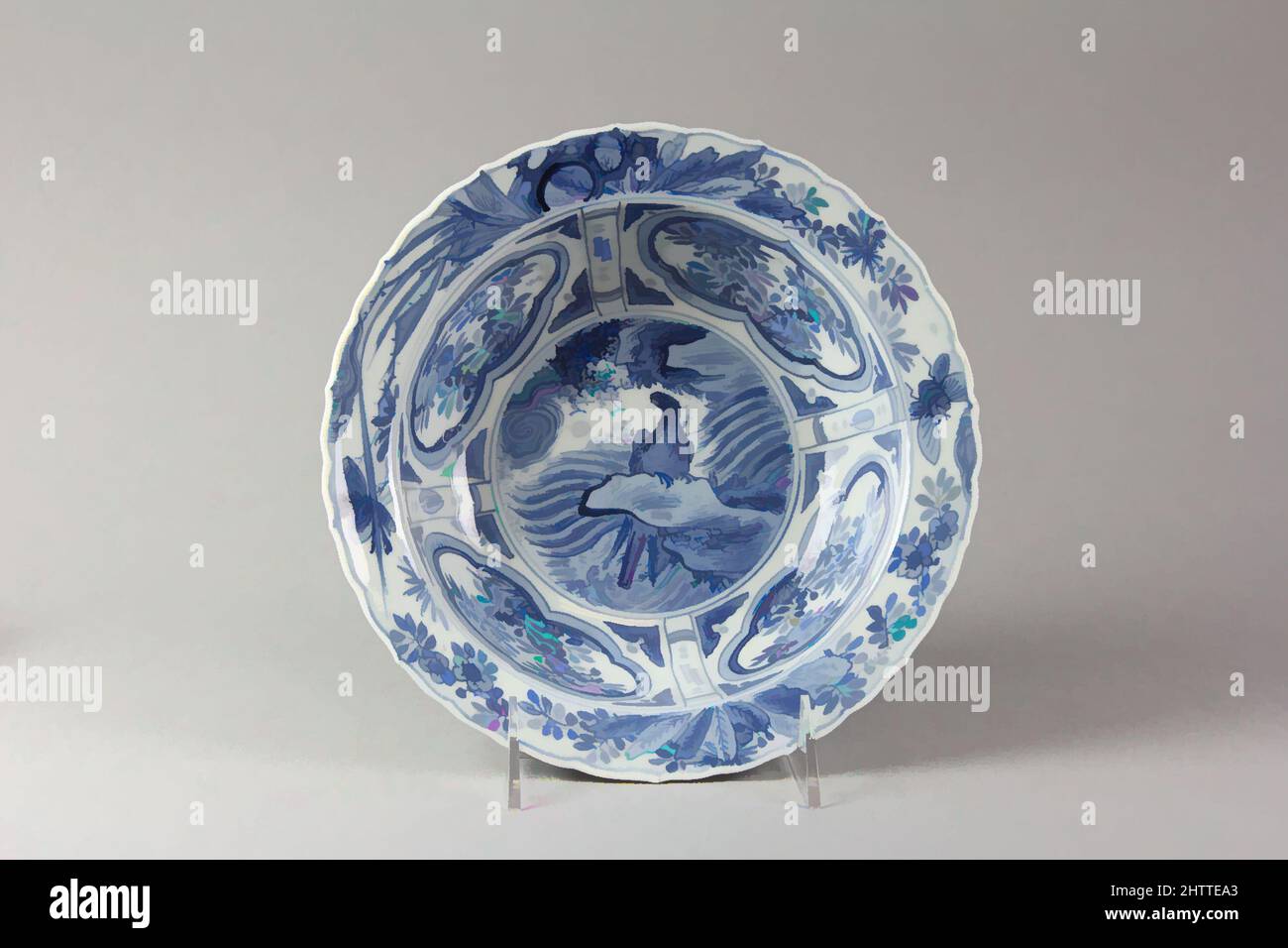 Von Dish inspirierte Kunst, Ming-Dynastie (1368–1644), ca. 1600, China, Porzellan in Unterglasur blau lackiert, H. 2 1/2 Zoll (6,4 cm); Durchm. 8 1/2 Zoll (21,6 cm); Fuß-Durchm. 4 5/8 Zoll (11,7 cm), Keramik, die Grundform der Schale, mit einem dünnen Körper, ist von einer niederländischen Presse-Metall abgeleitet, Classic Works modernisiert von Artotop mit einem Schuss Moderne. Formen, Farbe und Wert, auffällige visuelle Wirkung auf Kunst. Emotionen durch Freiheit von Kunstwerken auf zeitgemäße Weise. Eine zeitlose Botschaft, die eine wild kreative neue Richtung verfolgt. Künstler, die sich dem digitalen Medium zuwenden und die Artotop NFT erschaffen Stockfoto