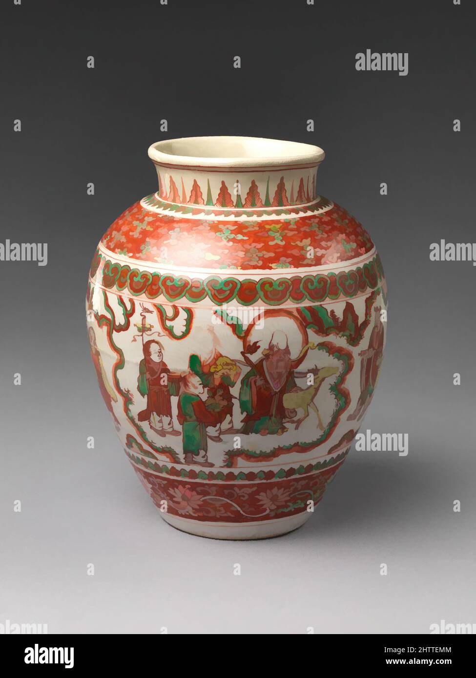 Kunst inspiriert von Jar, Ming-Dynastie (1368–1644), Jiajing-Marke und -Periode (1522–66), China, Porzellan mit Inkisierdeko, mit polychromen Emaillen übermalt, H. 11 1/2 Zoll (29,2 cm), Keramik, eine Inschrift, Chang ming Fu gui ('langes Leben, Reichtum und Ehre'), wurde in rot gemalt, Classic Works modernisiert von Artotop mit einem Schuss Moderne. Formen, Farbe und Wert, auffällige visuelle Wirkung auf Kunst. Emotionen durch Freiheit von Kunstwerken auf zeitgemäße Weise. Eine zeitlose Botschaft, die eine wild kreative neue Richtung verfolgt. Künstler, die sich dem digitalen Medium zuwenden und die Artotop NFT erschaffen Stockfoto