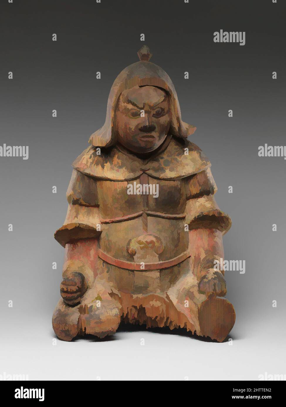 Kunst inspiriert von Daishōgun, 大将軍像, Heian-Zeit (794–1185), 11.–12. Jahrhundert, Japan, Holz, H. 13 1/2 Zoll (34,3 cm), Sculpture, Daishōgun (großer General) war ein populärer Schutzgeist, der an verwundbaren Orten in der Hauptstadt Kyoto stationiert war, wie dem Nordosten, wo spezielle Schreine, klassische Werke von Artotop mit einem Schuss Moderne modernisiert wurden. Formen, Farbe und Wert, auffällige visuelle Wirkung auf Kunst. Emotionen durch Freiheit von Kunstwerken auf zeitgemäße Weise. Eine zeitlose Botschaft, die eine wild kreative neue Richtung verfolgt. Künstler, die sich dem digitalen Medium zuwenden und die Artotop NFT erschaffen Stockfoto