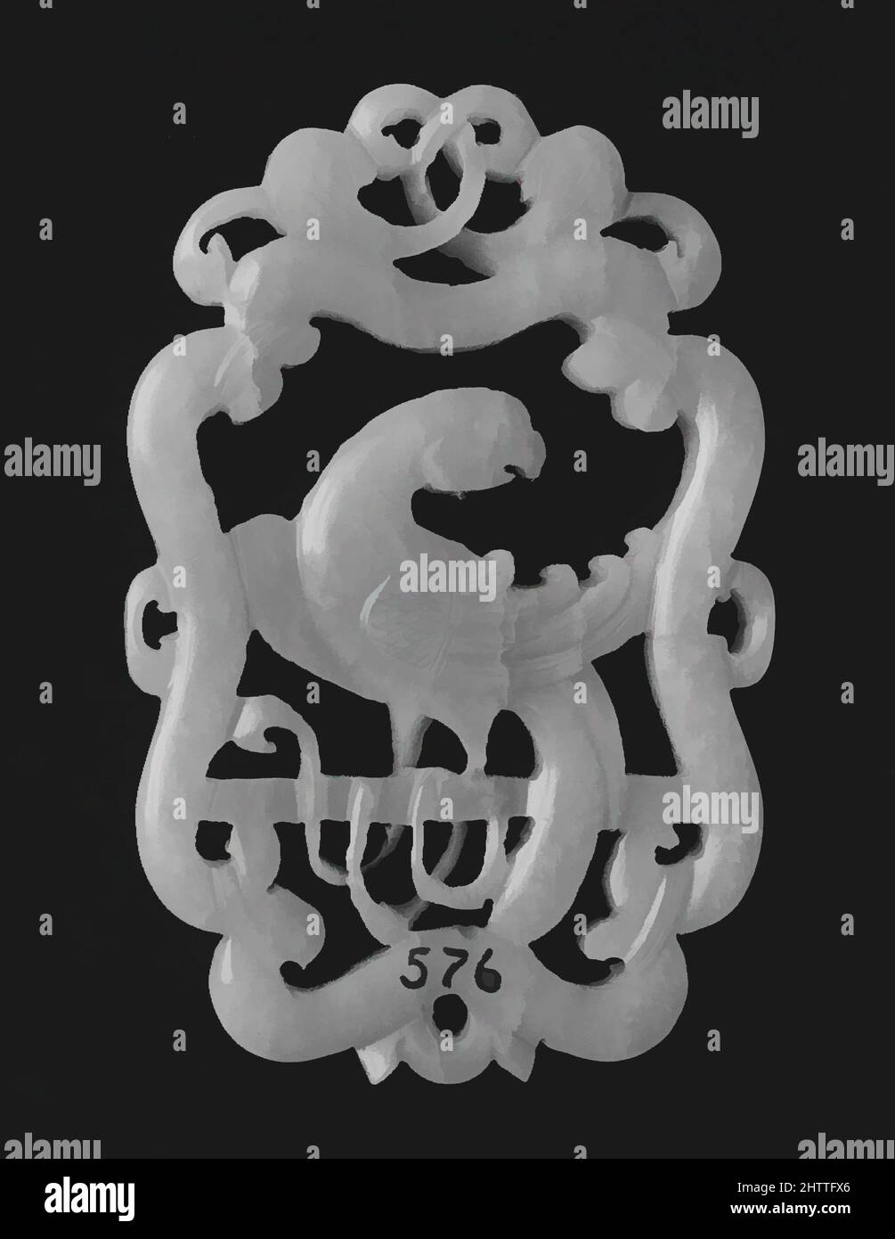 Kunst inspiriert von Anhänger, Qing-Dynastie (1644–1911), Qianlong-Periode (1736–95), China, Nephrit, Weiß mit sehr hellem Grau-Grün-Farbton, H. 2 13/16 Zoll (7,1 cm); B: 1 13/16 Zoll (4,6 cm); D. 1/4 Zoll (0,7 cm), Jade, Classic Works modernisiert von Artotop mit einem Schuss Modernität. Formen, Farbe und Wert, auffällige visuelle Wirkung auf Kunst. Emotionen durch Freiheit von Kunstwerken auf zeitgemäße Weise. Eine zeitlose Botschaft, die eine wild kreative neue Richtung verfolgt. Künstler, die sich dem digitalen Medium zuwenden und die Artotop NFT erschaffen Stockfoto