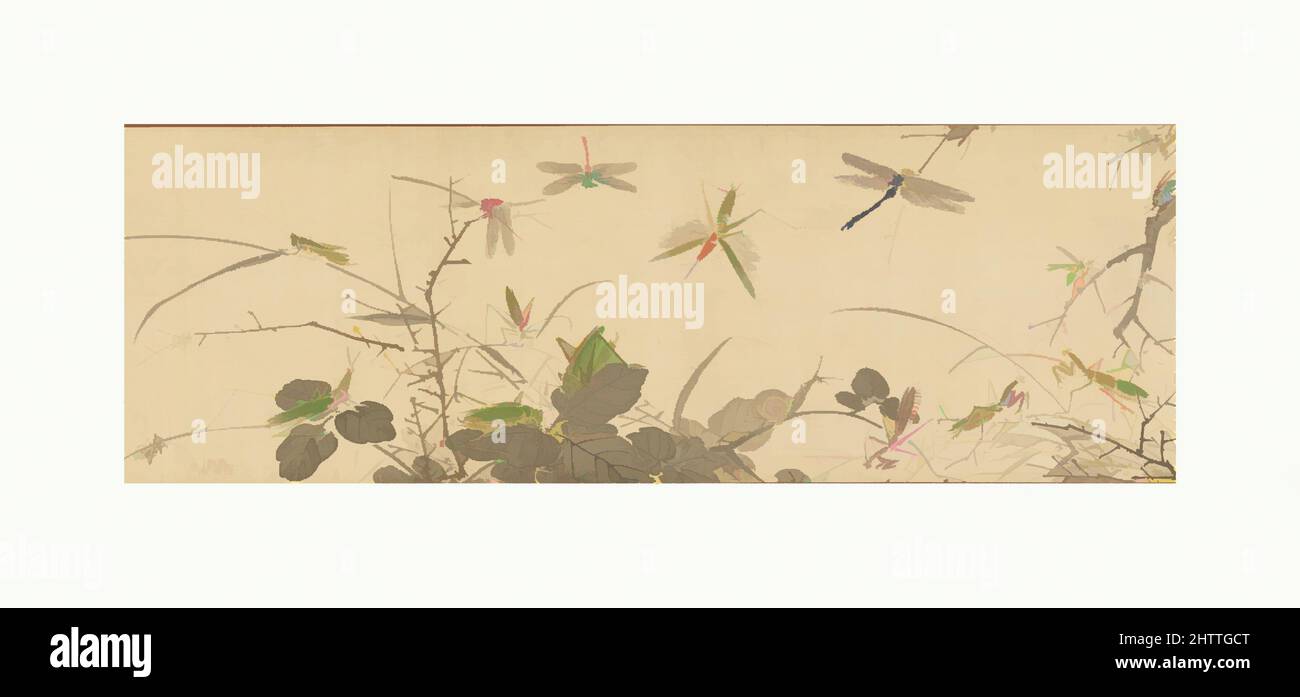 Kunst inspiriert von Insekten und Gräsern, Edo-Zeit (1615–1868), datiert 1847, Japan, Handscroll; Tinte und Farbe auf Seide, Bild: 8 1/4 x 95 Zoll (21 x 241,3 cm), Gemälde, Yamamoto Baiitsu (japanisch, 1783–1856), Dieses vollendete Sommermotiv, gemalt von Nagoya literatus Yamamoto Baiitsu in, Classic Works modernisiert von Artotop mit einem Schuss Moderne. Formen, Farbe und Wert, auffällige visuelle Wirkung auf Kunst. Emotionen durch Freiheit von Kunstwerken auf zeitgemäße Weise. Eine zeitlose Botschaft, die eine wild kreative neue Richtung verfolgt. Künstler, die sich dem digitalen Medium zuwenden und die Artotop NFT erschaffen Stockfoto