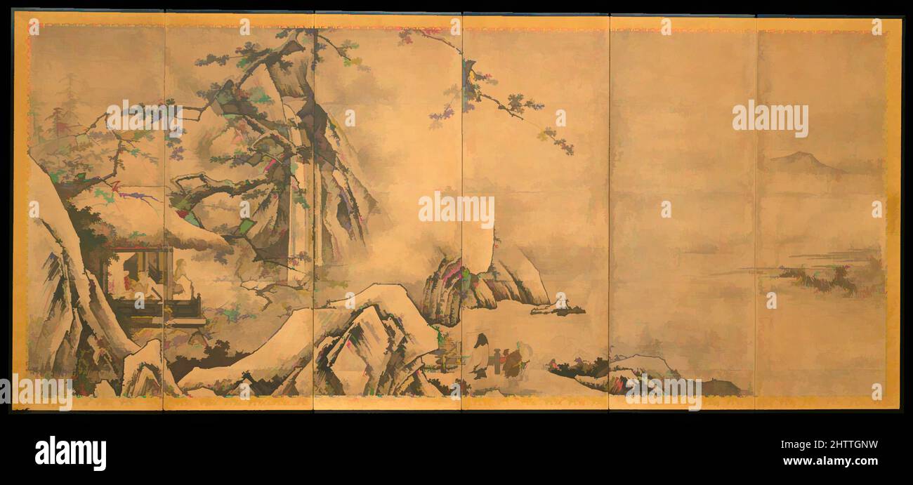 Kunst inspiriert von den vier Errungenschaften, 琴棋書画図屏風, Muromachi-Periode (1392–1573), Mitte des 16.. Jahrhunderts, Japan, Zwei faltbare sechs-Panel-Bildschirme; Tinte und Farbe auf Papier, Bild (jeder Bildschirm): 67 x 150 Zoll (170,2 x 381 cm), Leinwände, Kano Motonobu (Japan, ca. 1476–1559), innerhalb eines dramatischen, von Artotop modernisierten Klassikers mit einem Schuss Moderne. Formen, Farbe und Wert, auffällige visuelle Wirkung auf Kunst. Emotionen durch Freiheit von Kunstwerken auf zeitgemäße Weise. Eine zeitlose Botschaft, die eine wild kreative neue Richtung verfolgt. Künstler, die sich dem digitalen Medium zuwenden und die Artotop NFT erschaffen Stockfoto