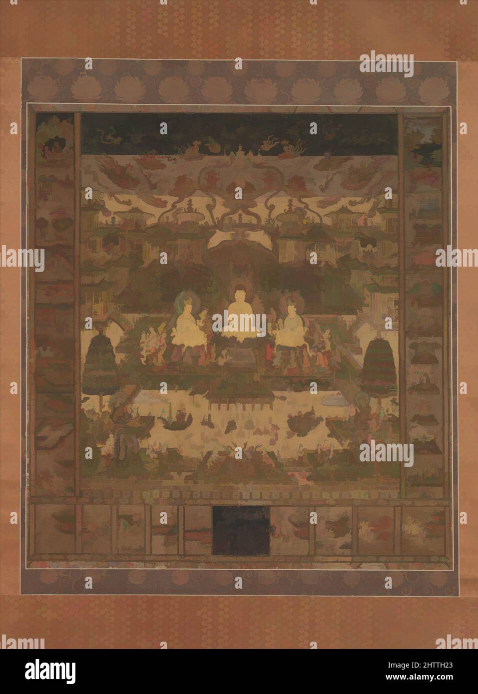 Kunst inspiriert von Taima Mandala, 當麻曼荼羅, Nanbokuchō-Zeit (1336–92), wahrscheinlich Ende des 14.. Jahrhunderts, Japan, hängende Schriftrolle; Farbe und Gold auf Seide, Bild: 52 1/2 x 48 Zoll (133,4 x 121,9 cm), Gemälde, Dieses Taima-Mandala bietet eine strahlende Vision des Western Pure Land, ein Paradies über, klassische Werke von Artotop mit einem Schuss Moderne modernisiert. Formen, Farbe und Wert, auffällige visuelle Wirkung auf Kunst. Emotionen durch Freiheit von Kunstwerken auf zeitgemäße Weise. Eine zeitlose Botschaft, die eine wild kreative neue Richtung verfolgt. Künstler, die sich dem digitalen Medium zuwenden und die Artotop NFT erschaffen Stockfoto